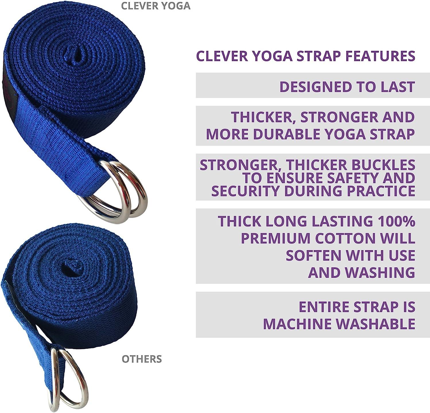 Clever Yoga Strap for Stretching Yoga Straps in Standard 8 Foot or Extra  Long 10 Foot Length 1.5 Inch Wide - Yoga Stretching Strap Thick Durable  Cotton with Adjustable D-Ring Black 96 Inches