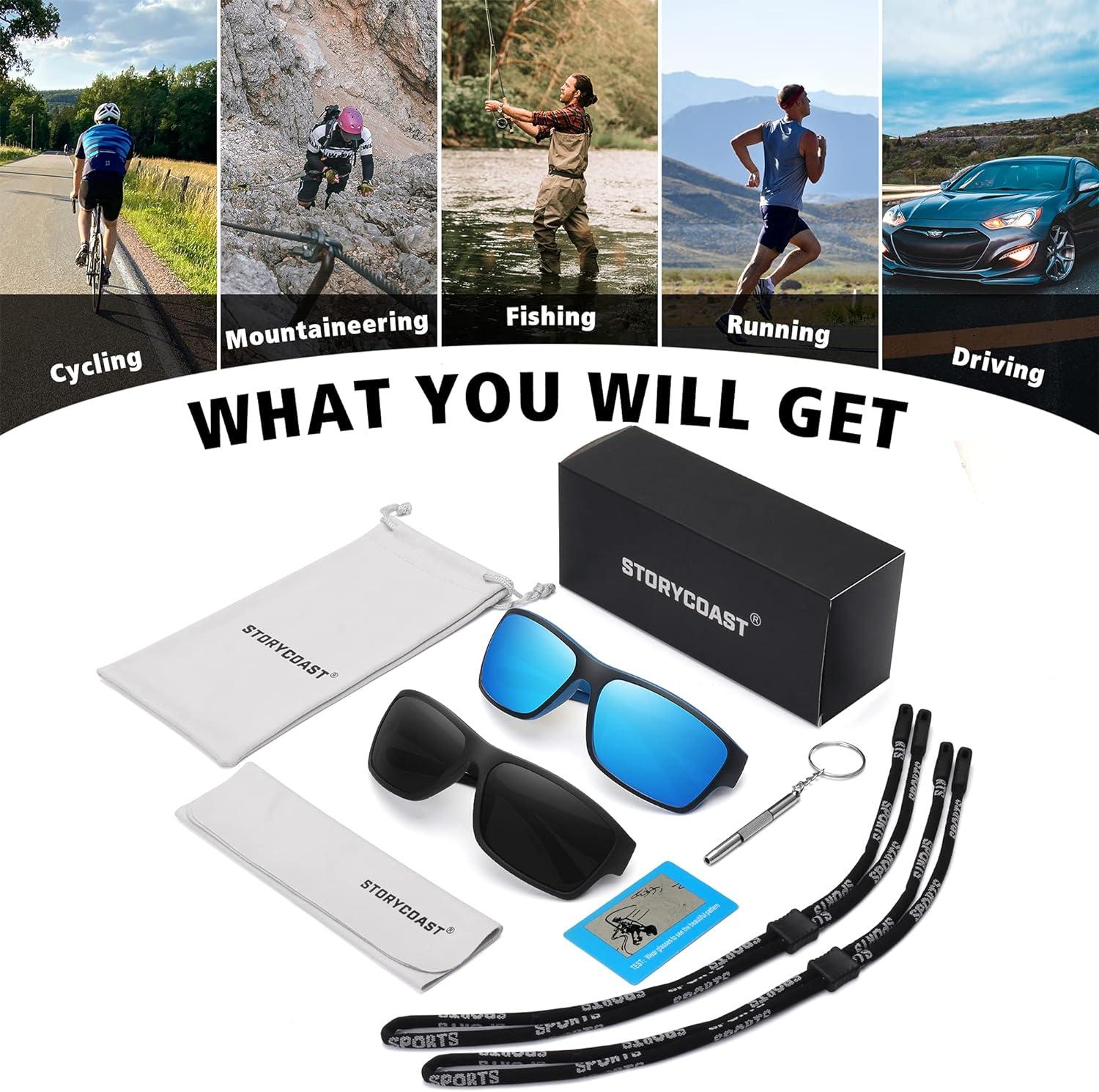 STORYCOAST Polarized Sports Sunglasses for Men Women Unbreakable Frame  Cycling Fishing Driving 2pack Black+blue Mirror