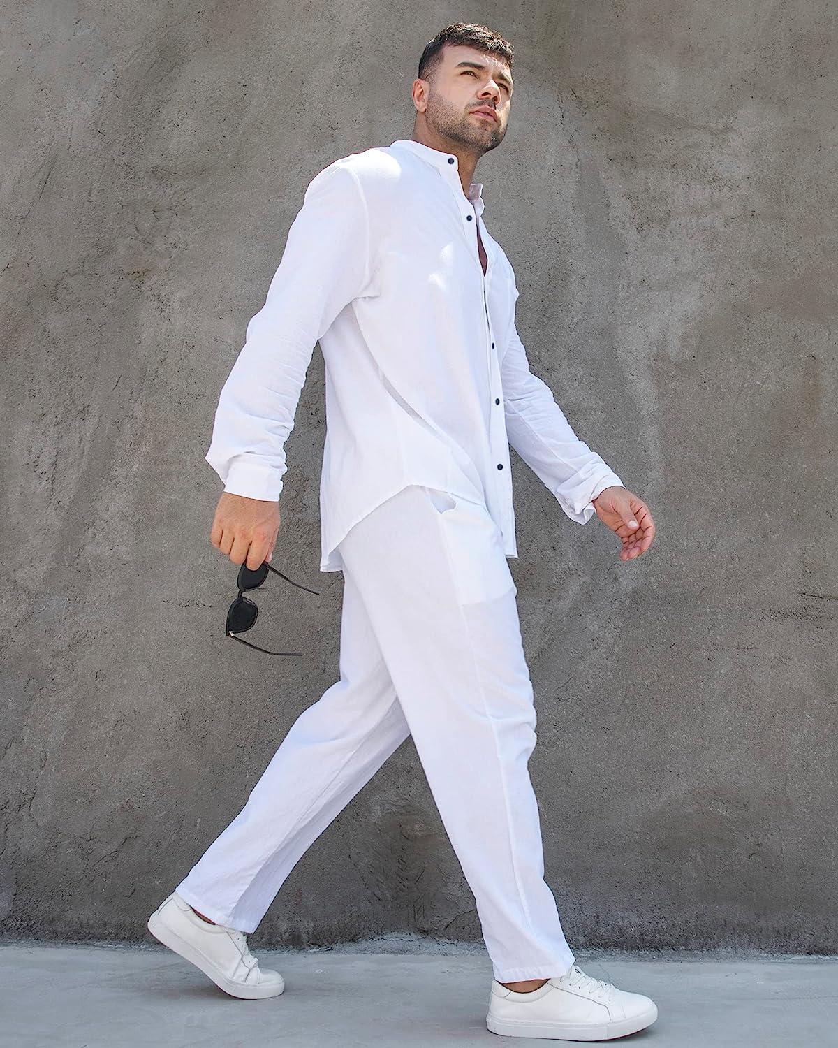 White Suit Men Pieces Cotton Linen Set Henley Shirt Long Sleeve And Casual  Beach Pants Summer Yoga Outfits