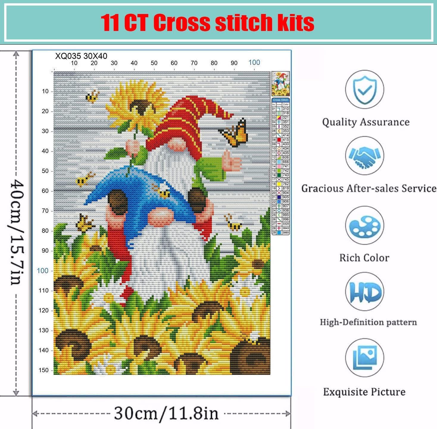 Stamped Cross Stitch Kits-Gnomes Counted Cross Stitch Kits for Beginners  Adults Needlepoint Flowers Cross-Stitch Patterns Dimensions Needlecrafts  Embroidery Kits Arts and Crafts Cross Stitch-F