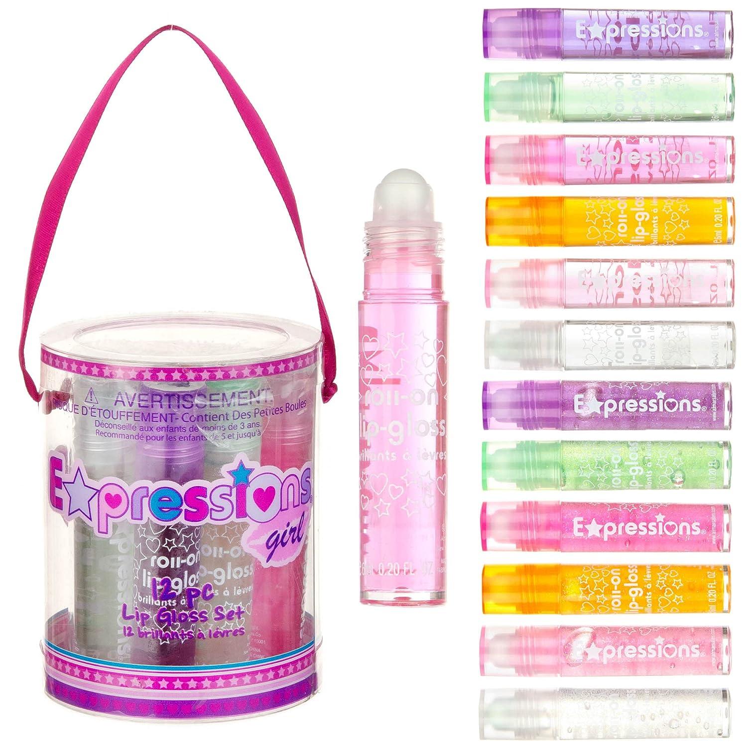 EXPRESSIONS 12pc Glitter Roll On Lip Gloss Set Glossy Lip Moisturizer for  Kids and Teens in Pouch with Marabou Handle - Assorted Fruit Flavored Lip Gloss  Set Hydrating Lip Oil Non Toxic