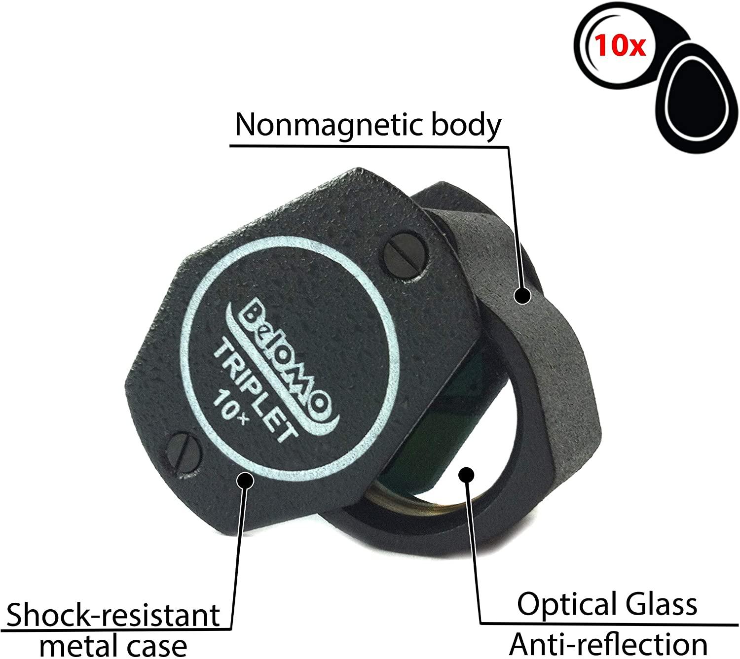 BelOMO Jewelers Loupe 10x Triplet Magnifier 21mm (.85). Optical Glass with  Anti-Reflection Coating for a Bright, Clear and Color Correct View.  Foldable Loupe for Gems, Jewelry, Coins and Trichomes