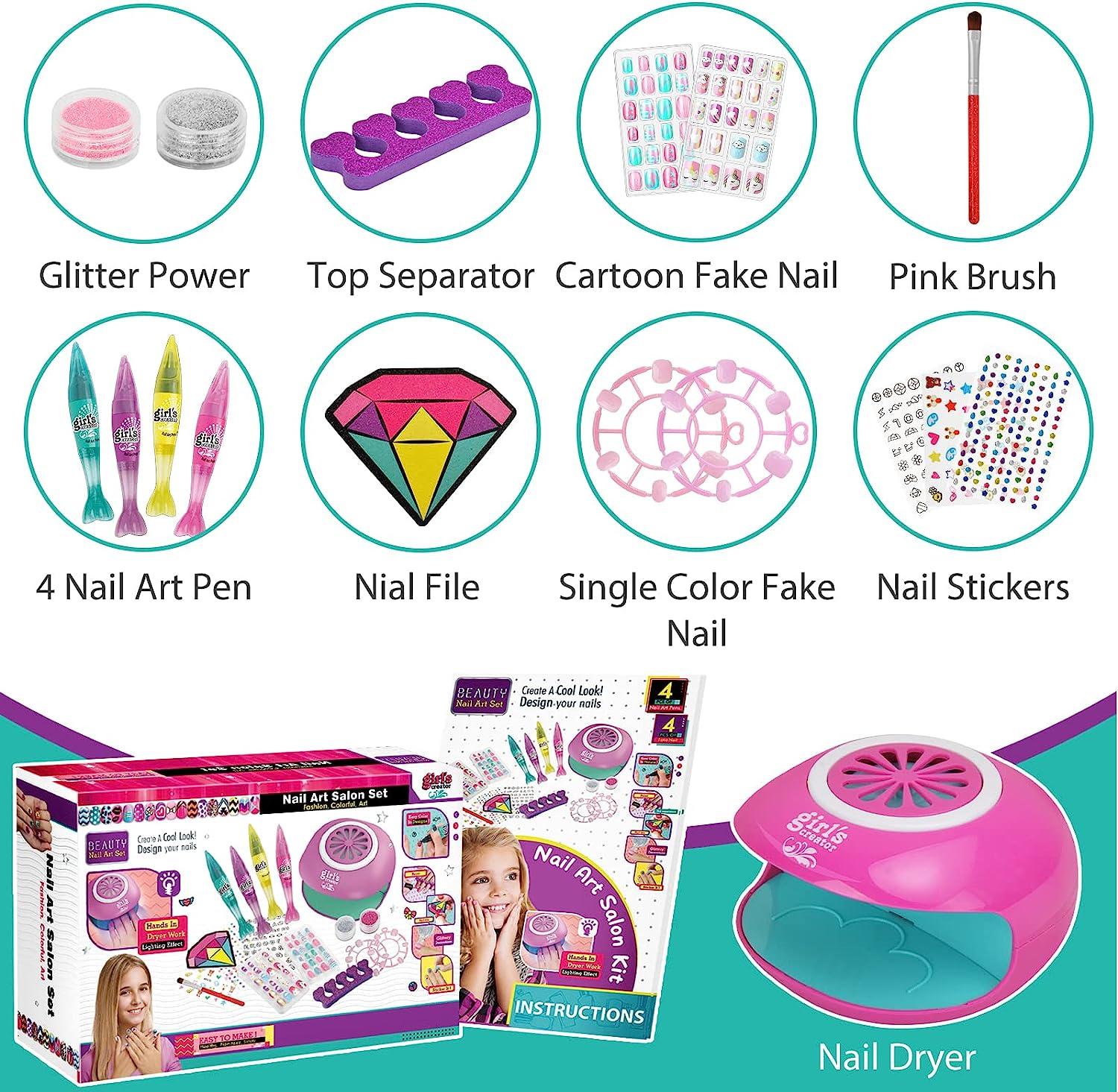 Nail Polish, Nail Art Studio Manicure Set For Girls Art Kit with 12  Artificial Nails, Nail Dotting Pen, Tools and Glitters Birthday Gift for Little  Girls - 15 pcs.