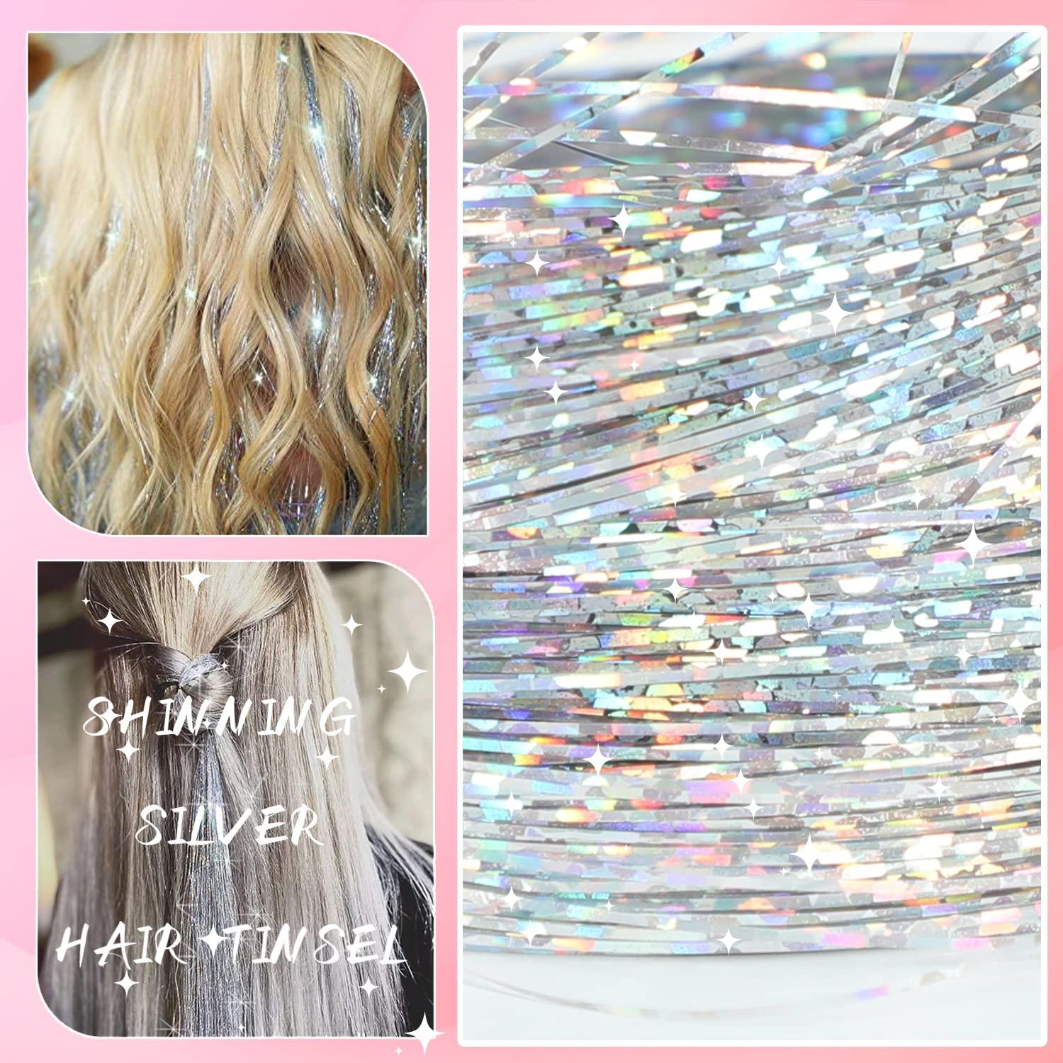 Hair Tinsel Strands Kit, Tinsel Hair Extensions, Fairy Hair Tinsel Kit for  Women Girls with Tools (1200 Strands, Silver+Beige Silicone Link Rings Beads)
