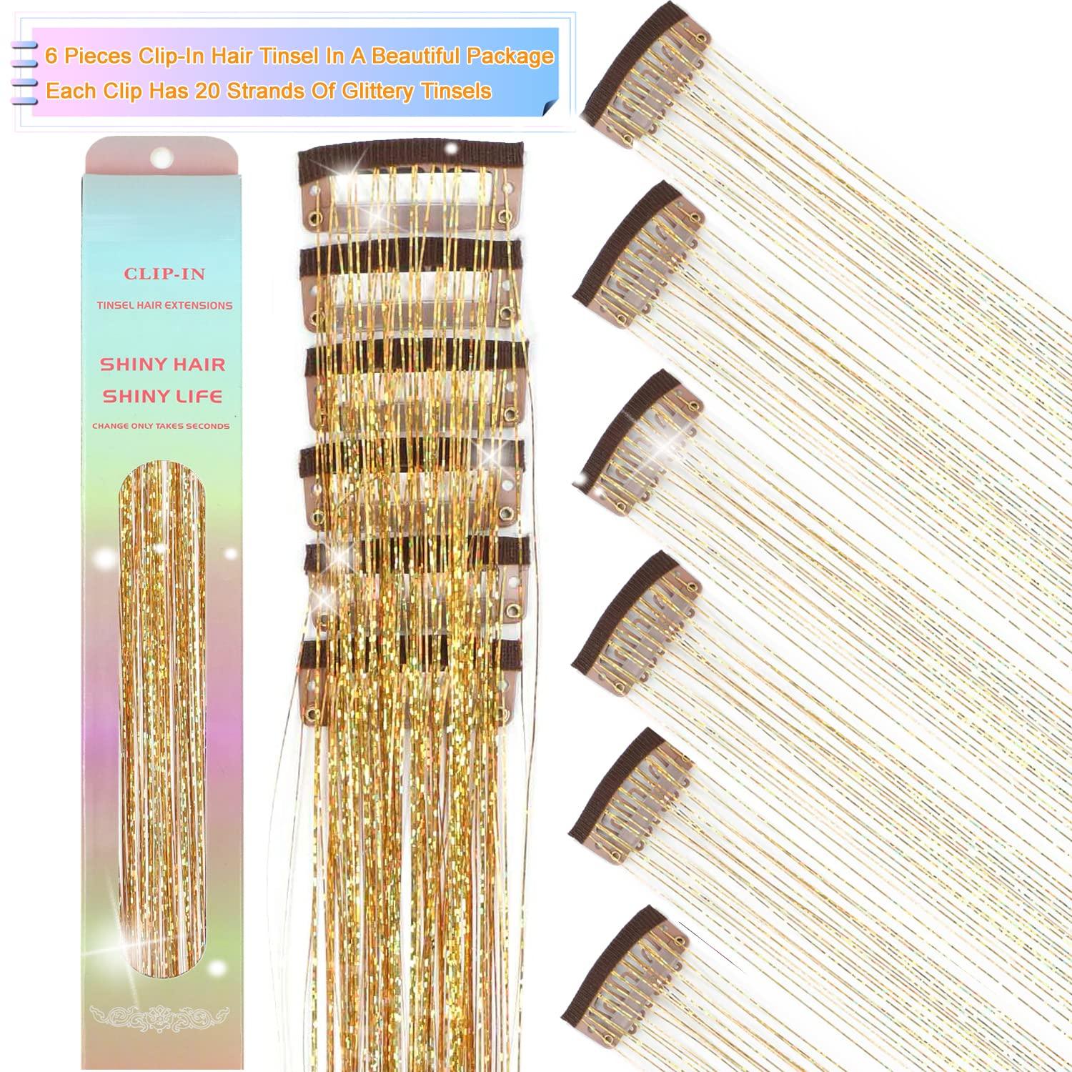  6 Pieces Clip In Hair Tinsel 23.6 Inch Fairy Hair Tinsel Kit  Clip In Tinsel Hair Extensions, Glitter Hair Tensile Clip In On Sparkling  Colorful Hair Accessories For Women Girls Kids