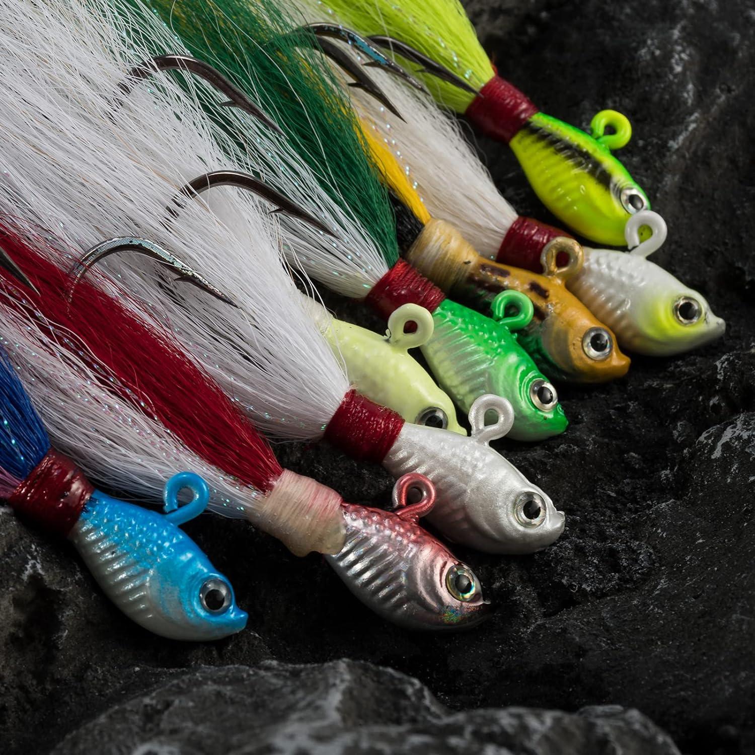 Bucktail Jig Fishing Lures Kit - 7PCS Bucktail Hair Jigs Fishing Lure Baits  Flounder Striper Fishing Jigs with Tail 20PCS Snaps for Striped Bass
