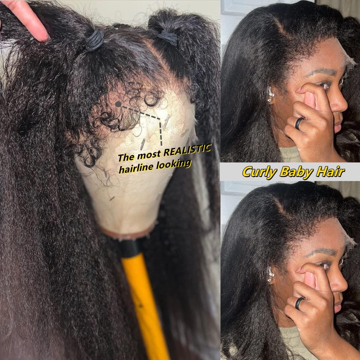  180% Density Kinky Curly Edges Hairline 13X4 Lace Front Wigs  HD Transparent Lace Frontal Wigs Human Hair with Curly Baby Hair Kinky  Straight(20 Inch, Natural Black Kinky Straight) : Beauty