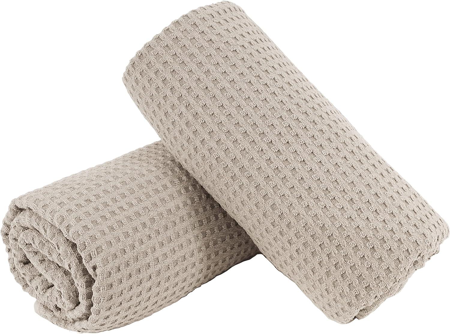 POLYTE Microfiber Oversize Quick Dry Lint Free Bath Towel, 60 x 30 in, 4 Pack (Beige, Waffle Weave)
