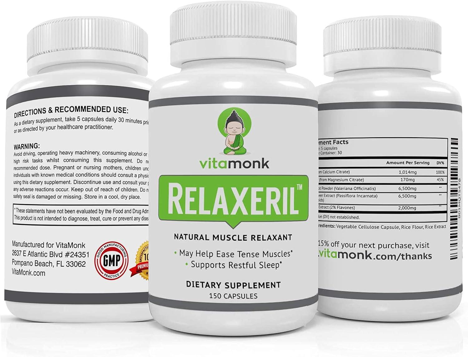 RELAXERIL™ - Powerful Natural Muscle Relaxers By VitaMonk - For Spasms,  Sore Muscles and Tightness With This Natural Muscle Relaxer Supplement -  150 Relaxant Capsules - Relax Tension and Get Relief by