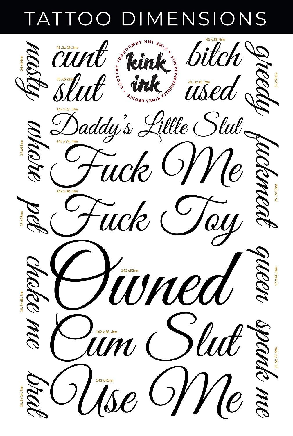 Kink Ink 17 X Cursive Temporary Tattoo Lettering In Black Sexy Kinky A4 Sheet 