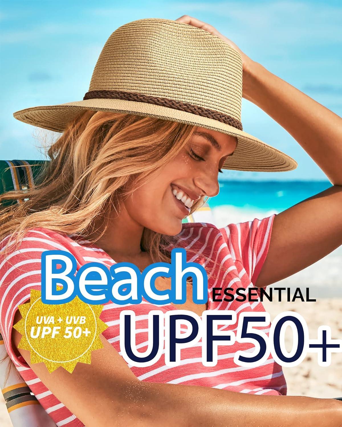 FURTALK Sun Hats for Women Summer Wide Brim UV UPF 50+ Panama Fedora Foldable  Packable Straw Beach Hat Ivory Khaki Medium-Large