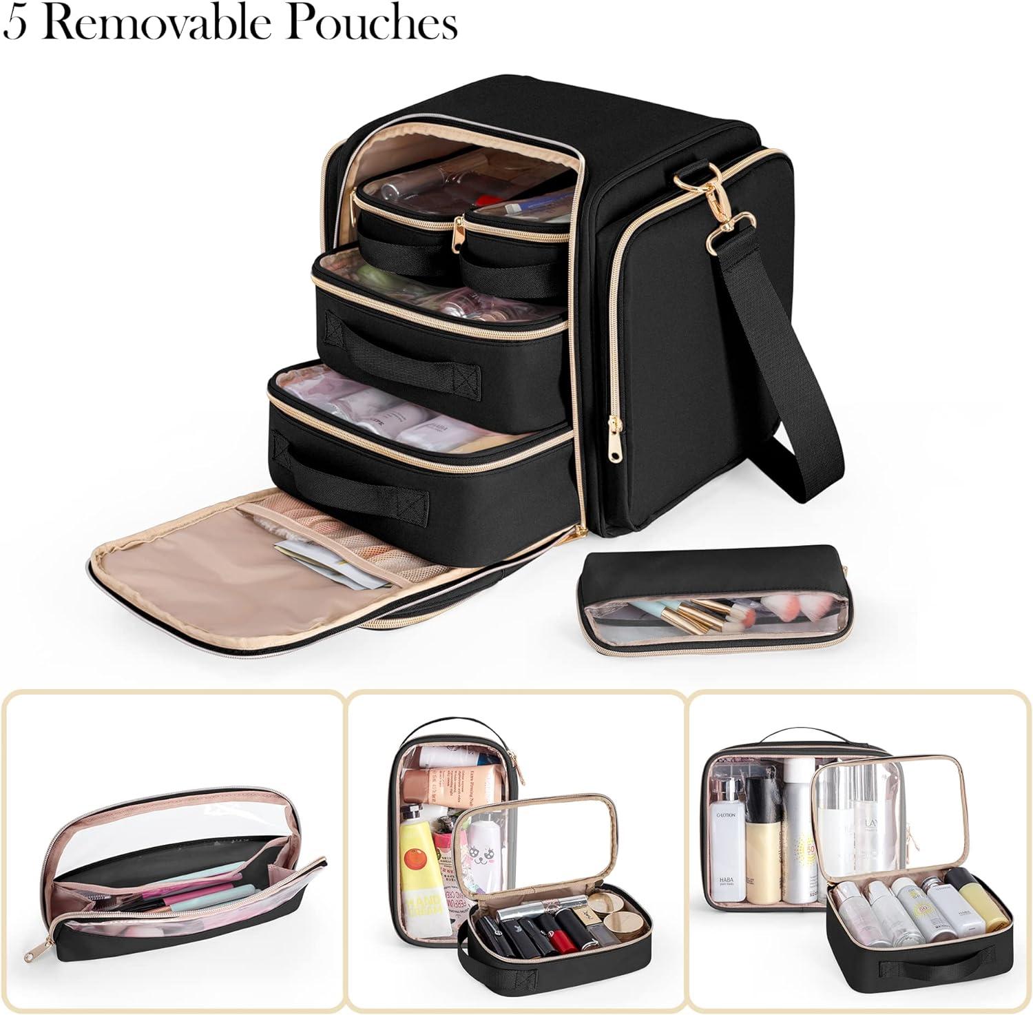 Prokva Travel Makeup Bag with 5 Removable Cases Large Cosmetic Case Make up  Organizer with Strap and Multiple Storage Pockets Black (Patented Design)
