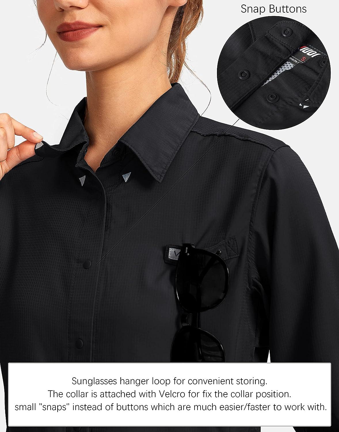 Womens Sun Protection Fishing Shirt with Zipper Pockets Lightweight SPF Long  Sleeve Shirts for Hiking Safari Large Black