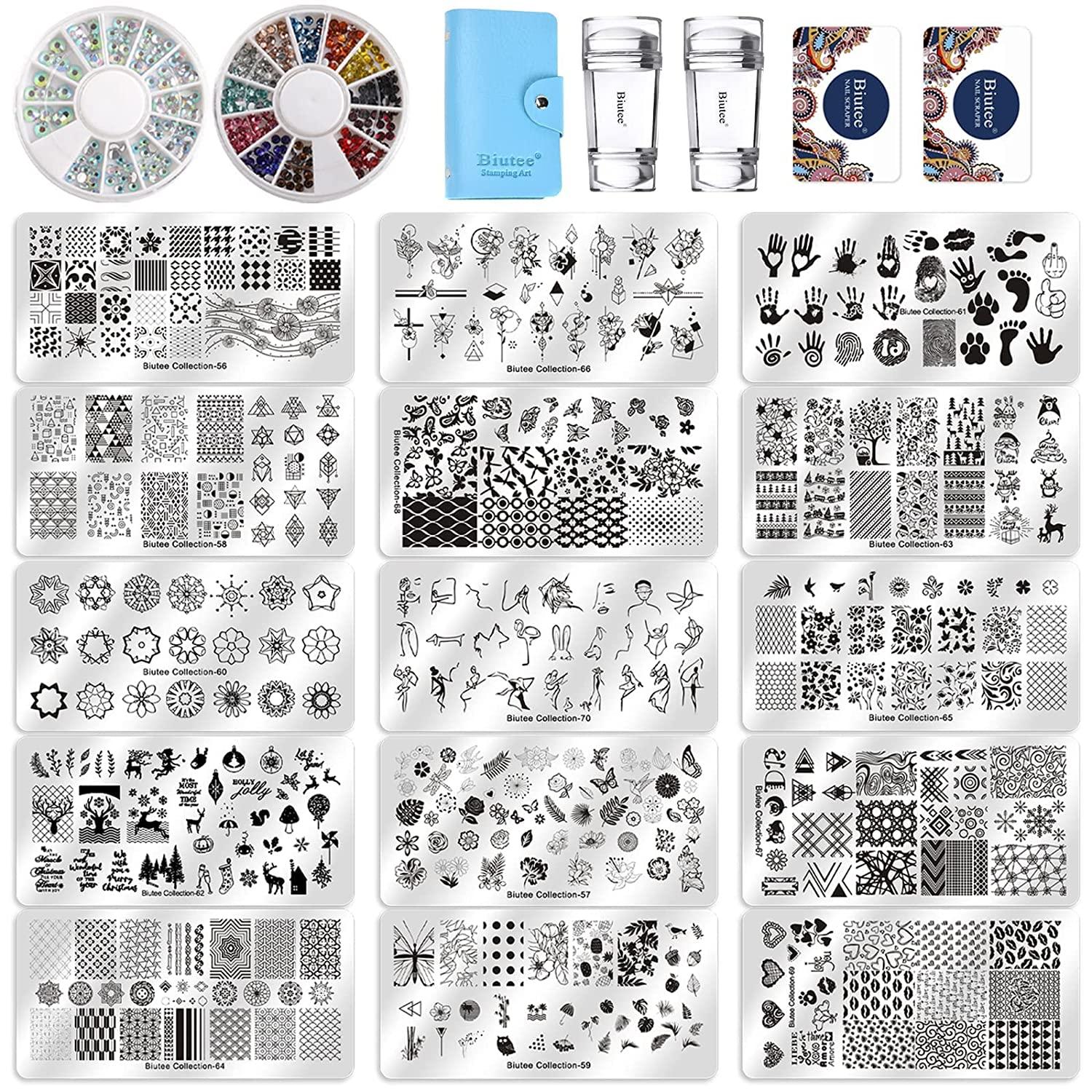  Biutee Nail Stamping Plate Nails Art Stamper Kit Stamp Template  Silicone Jelly Stencil Nail Printer Design Flower Line French Tip Tool  Supplies, Stamper, Scraper, Storage Bag, Box, Gift Set 16 pcs 