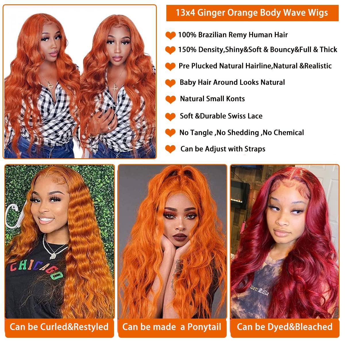 Orange Ginger Brown Lace Front Wigs Human Hair Pre Plucked 150
