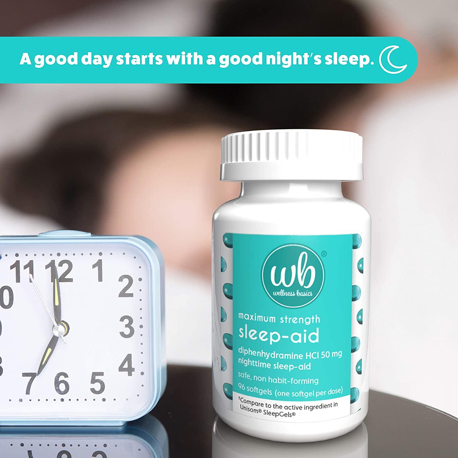 Wellness Basics Maximum Strength Sleep-Aid Diphenhydramine Softgel Twin  Pack 96 Count (Pack of 2)