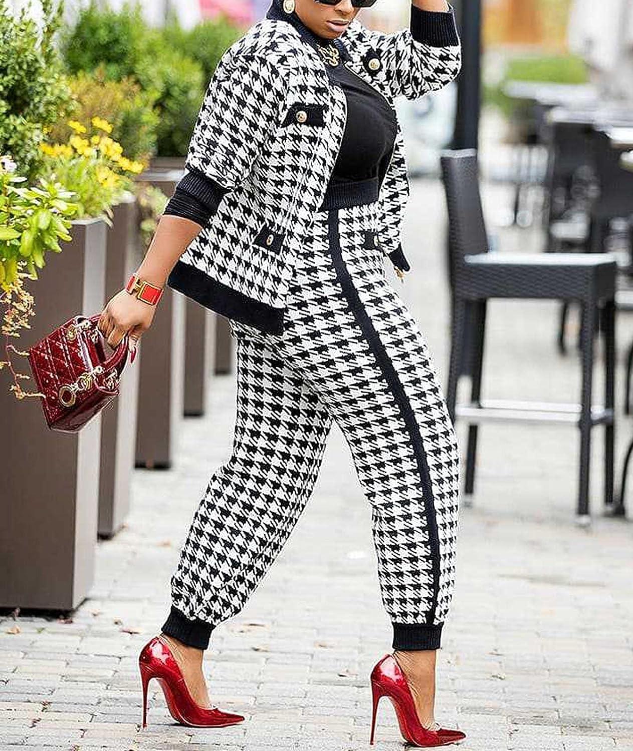 Business Outfits for Women Trendy Two Piece Suit Sets Plaid Open Front Long  Sleeve Blazer Drawstring Office Pants