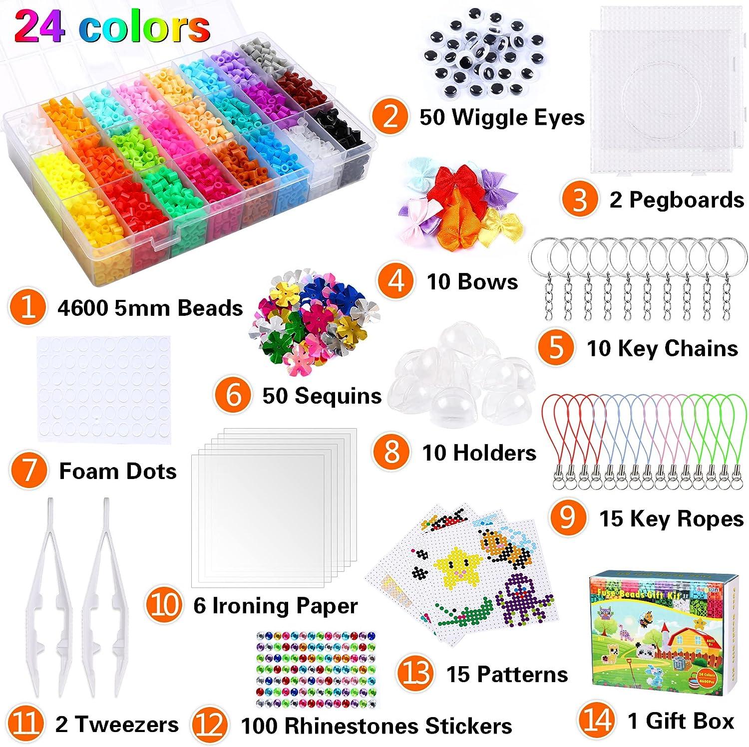 Fuse Beads Kit - 15 Colors Fuse Beads Craft Set for Kids- 5MM Fuse Beads  Set Including 1 Pegboards, Ironing Paper & Chain Accessories Iron Beads  Christmas Birthday Gift 