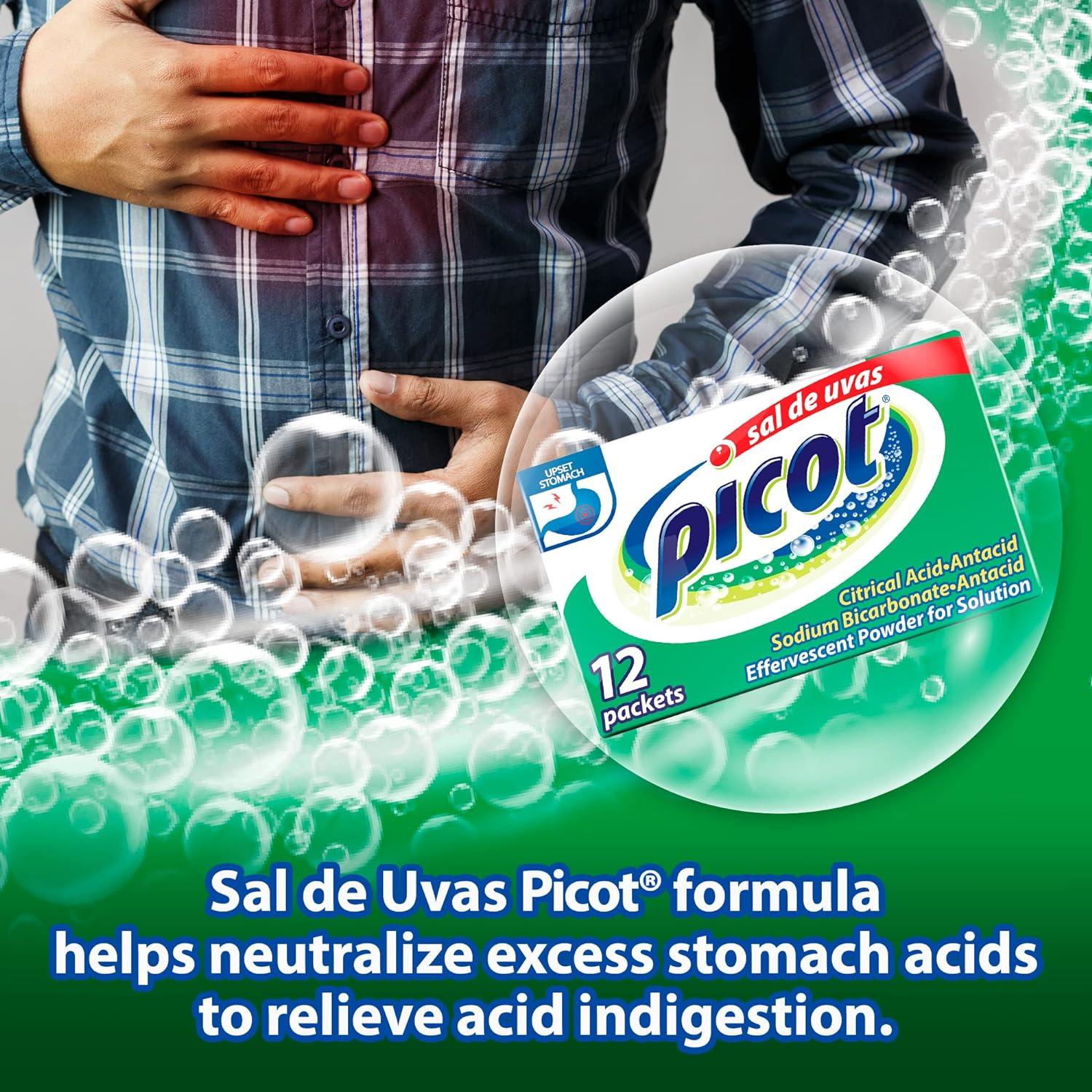 Picot Sal De Uvas Effervescent Antacid. Heartburn, Indigestion, and Upset  Stomach Relief. Fast and Effective. 6 Packets. Pack of 3