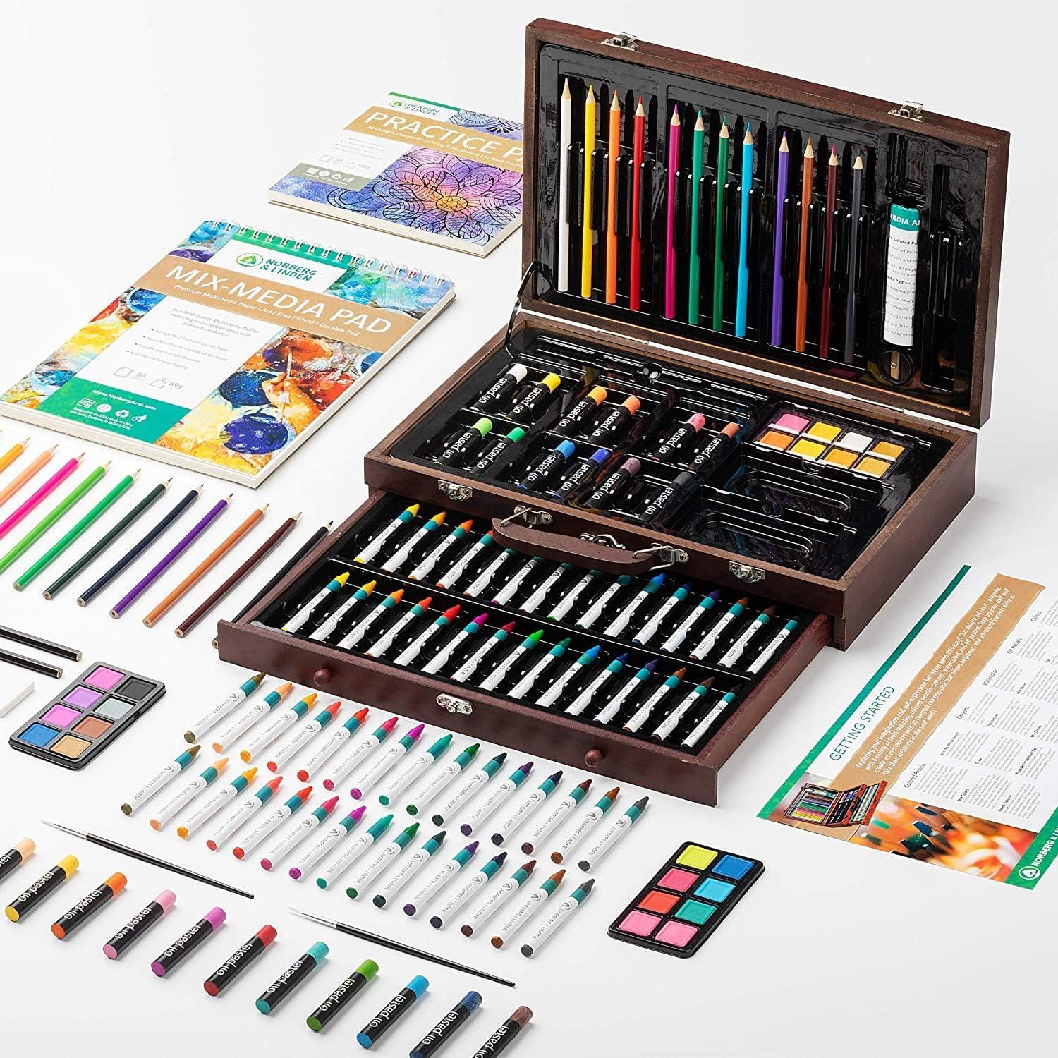 Norberg & Linden 144-Piece Art Set in Wooden Box with Drawer - Art Set for  Adults, Teens, Kids - Premium Art Supplies - Includes Watercolors, Oil