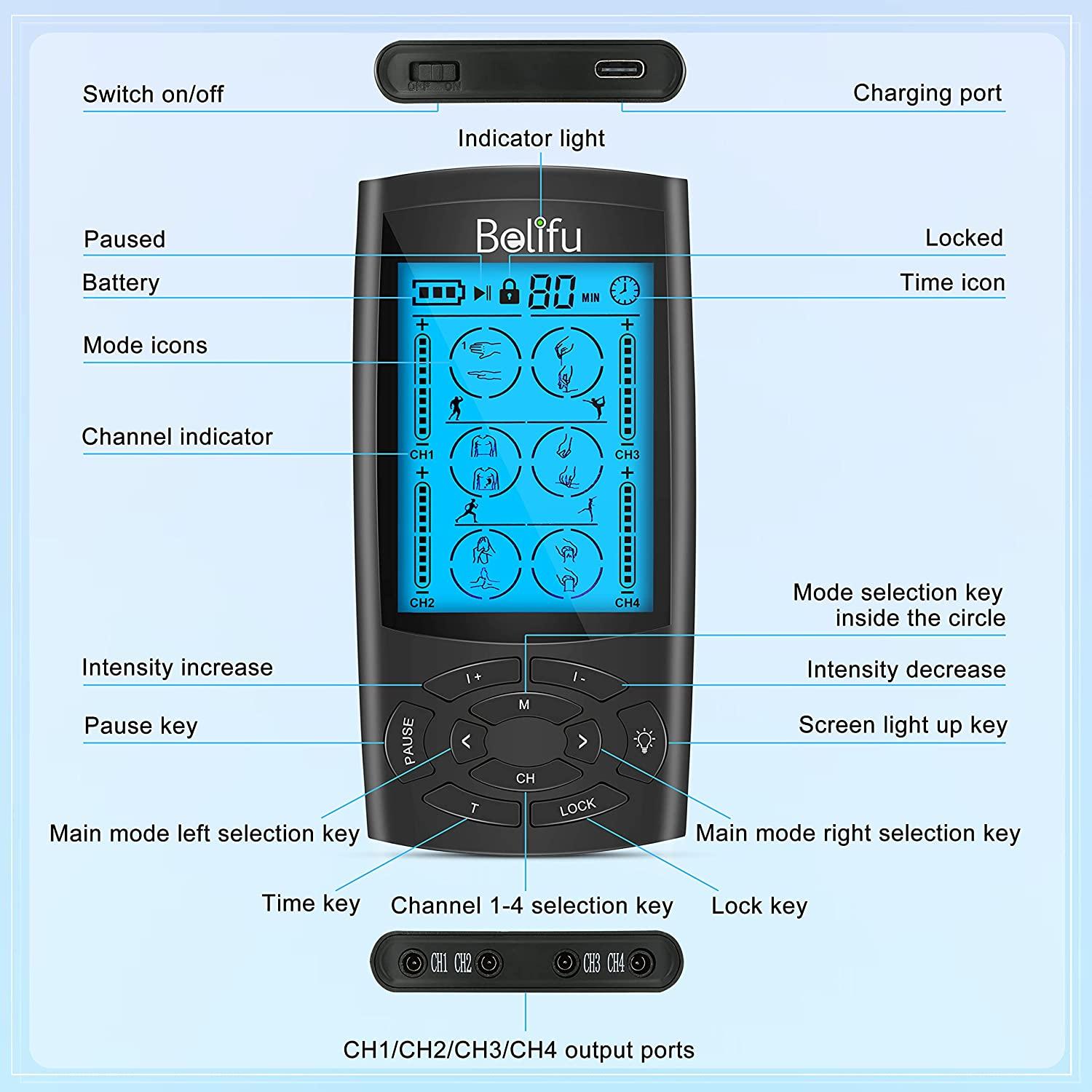 Belifu 4 Independent Channel TENS EMS Unit, TENS Unit Muscle Stimulator for  Pain Relief, 24 Modes 20 Level Intensity, Rechargeable Electric Pulse