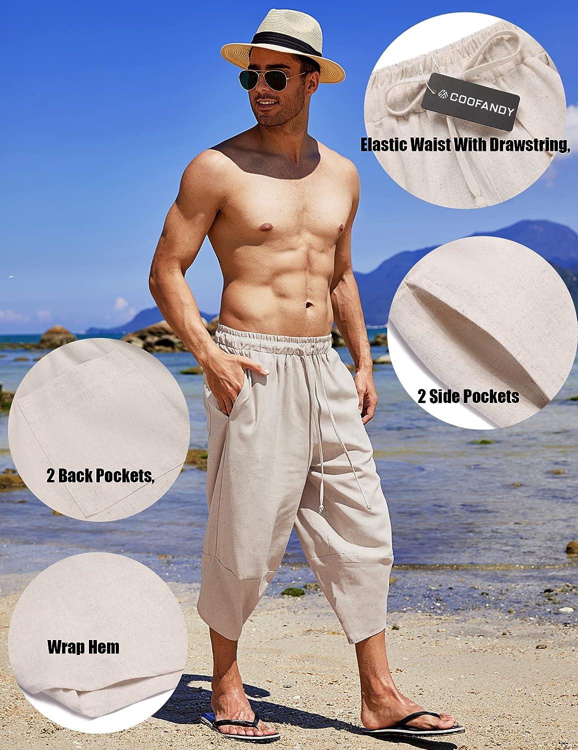 COOFANDY Men's Linen Harem Capri Pants Lightweight Loose 3/4