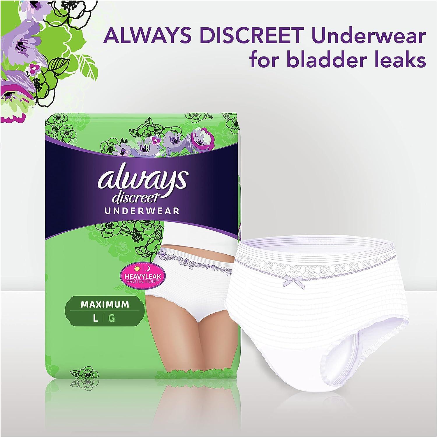 Always Discreet Adult Incontinence Underwear for Women and Postpartum  Underwear, L, Up to 100% Bladder Leak Protection,, 17CT 