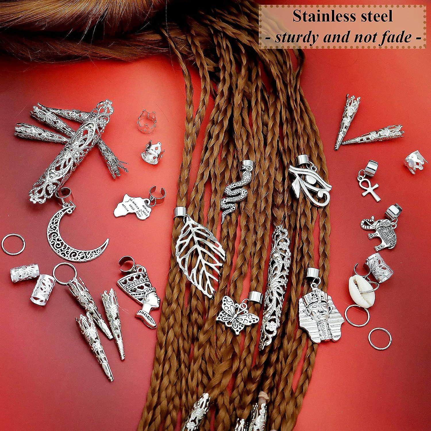 107 Pieces Dreadlocks Locs Jewelry Braids Clips African Pendant Charms  Braid Loc Stainless Steel Adjustable Hair Cuffs Butterfly Shell Leaf Snake  Moon