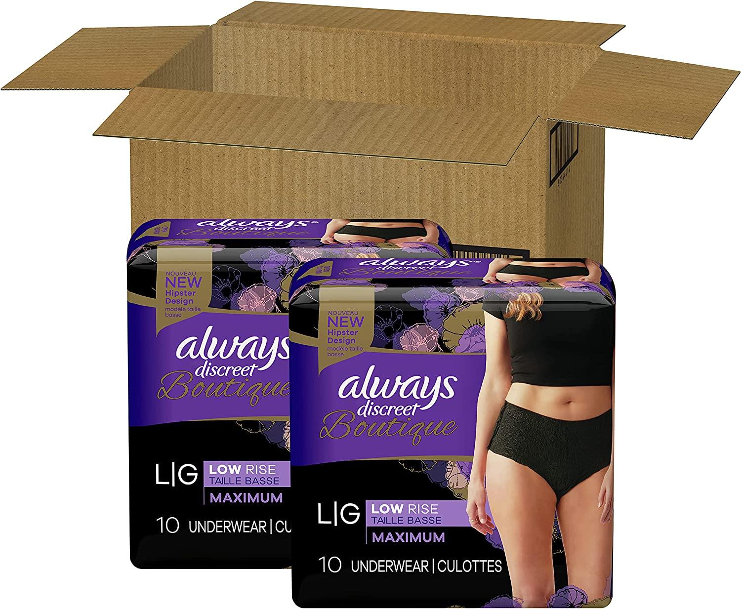 Always Discreet Boutique, Incontinence & Postpartum Underwear For Women, Low -Rise, Size Large, Black, Maximum Absorbency, Disposable, 20 Count Black  Low Rise Large (20 Count)