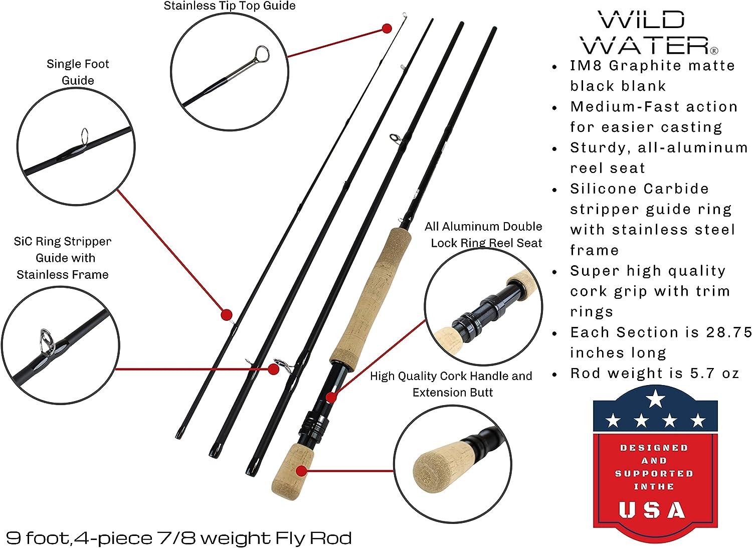 Wild Water Fly Fishing 9 Foot, 4-Piece, 7/8 Weight Fly Rod Complete Fly  Fishing Rod and Reel Combo Starter Package