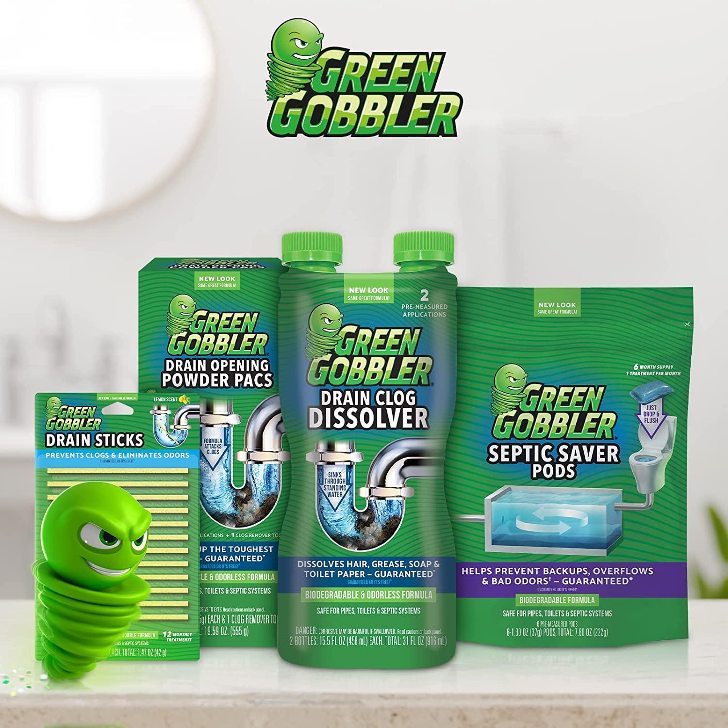 Green Gobbler Drain Clog Remover Dissolve Liquid Hair Grease Toilets, Sinks