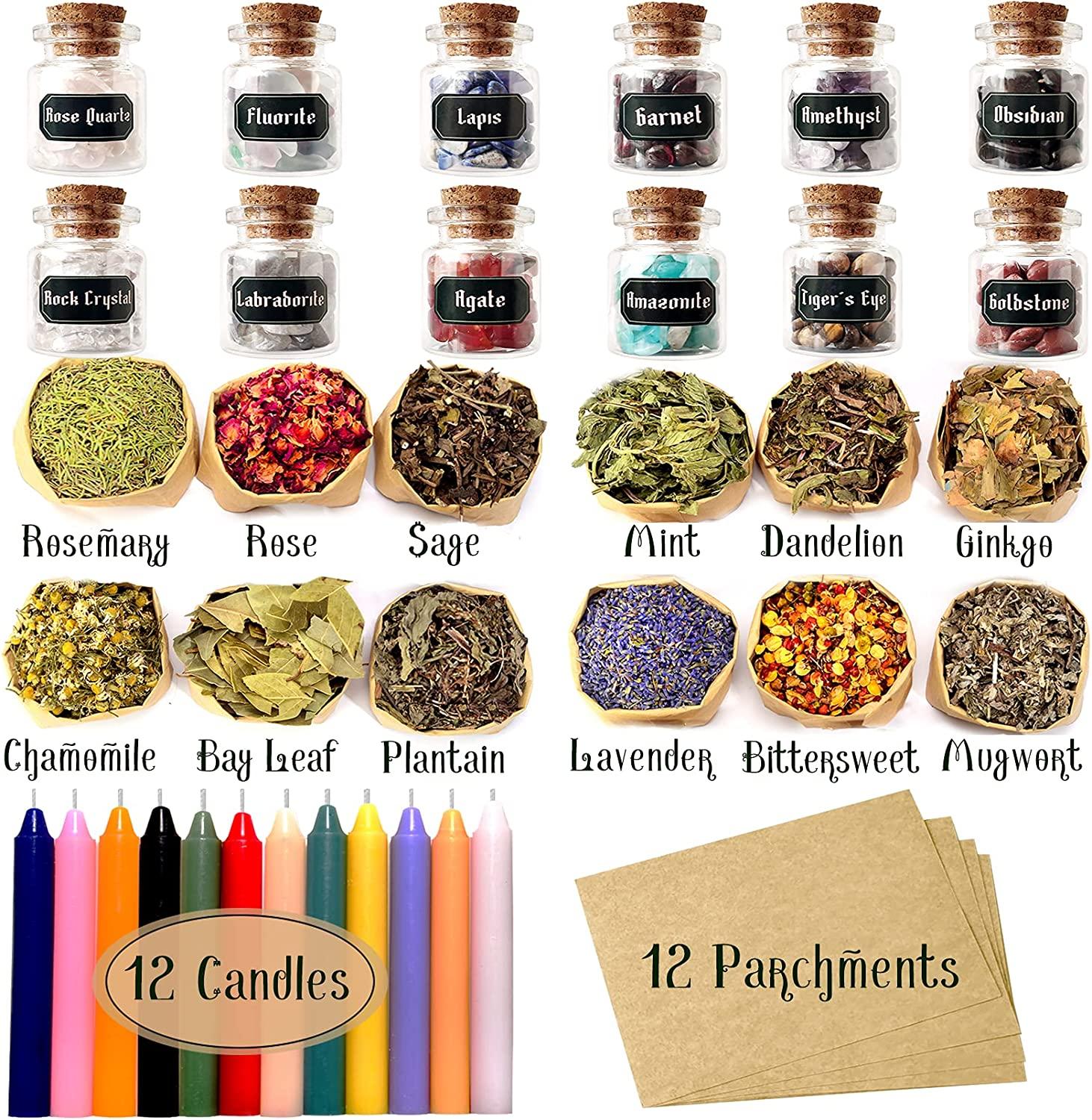 WELLPICK 41PCS Witchcraft Supplies Kit Box for Witch - Crystals Spell Jars  for Witches - Herbs for Witchcraft - Spell Candles and Pendulum for Wiccan