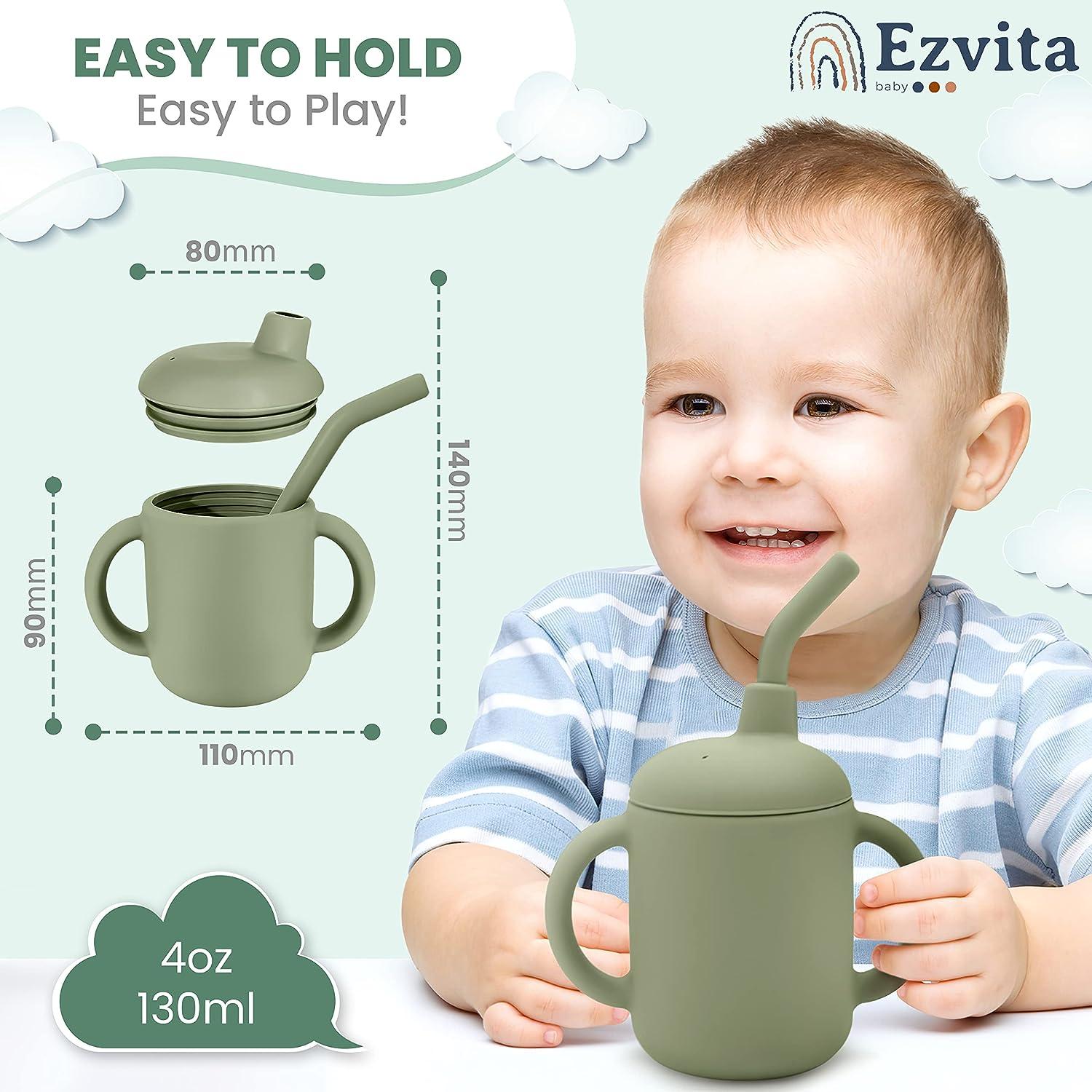 Ezvita Bear Silicone Sippy Cup with Straw Spill Proof Lid Anti-Slip Handles  for Babies and Toddlers Fun Early Learning Drink Tumbler Freezer Microwave  and Dishwasher Safe (Silver Sage)