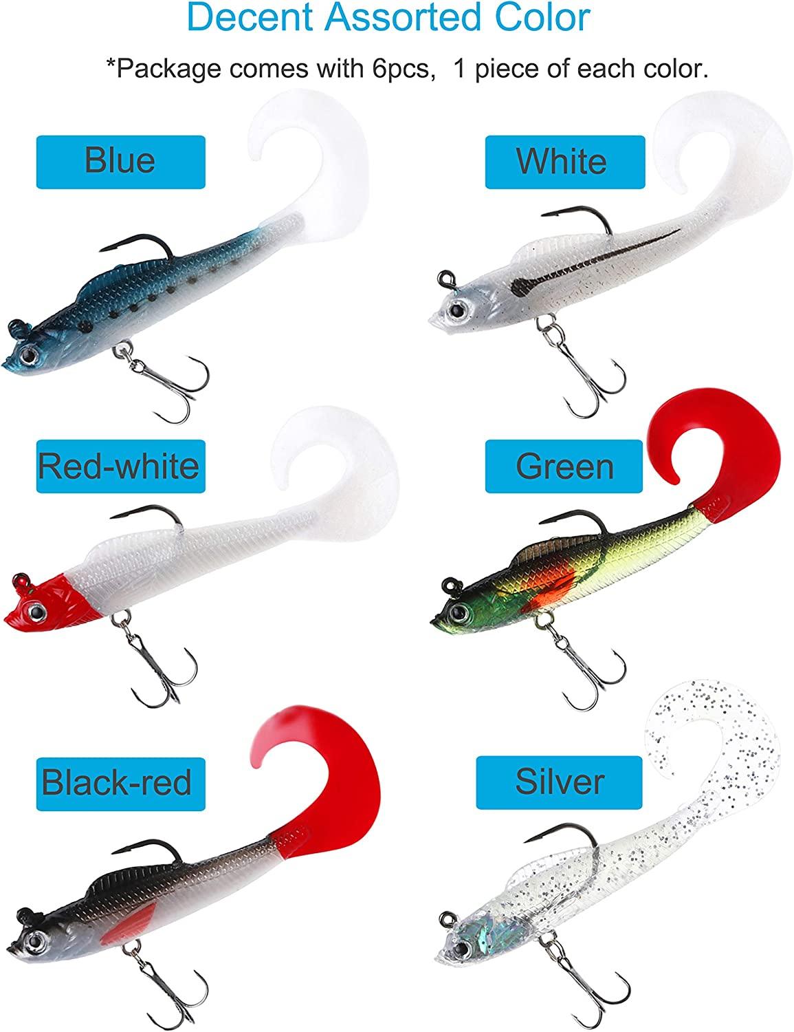 Facikono Lures for Bass Jig Head Soft Swimbait, 6-Pack 6 Colors Plastic Bait  for Saltwater / Freshwater Fishing