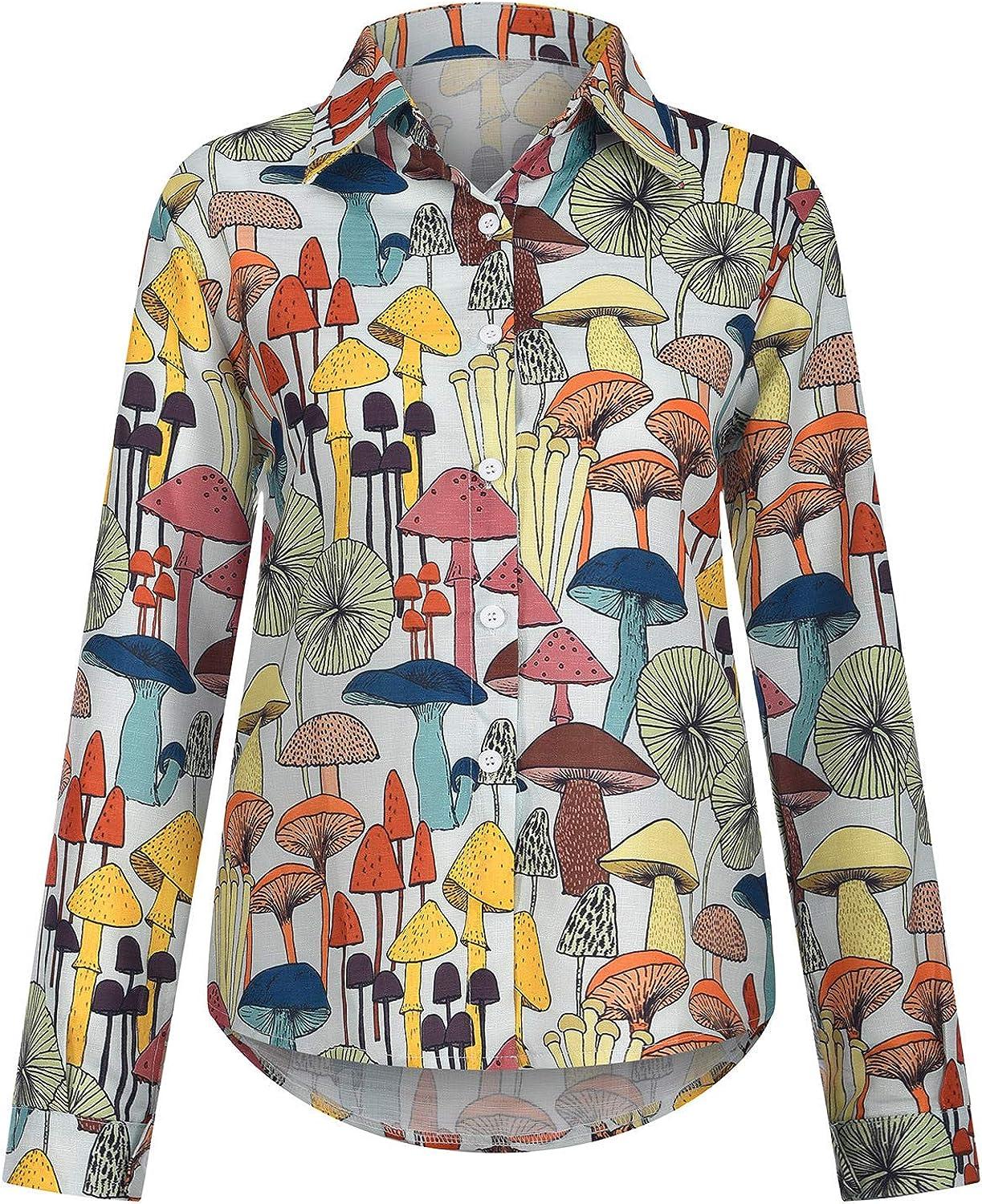 Women V Neck Button Down Blouse Mushroom Allover Printing Fashion Shirts  Casual Long Sleeve Tops T-Shirt Multicolor Medium