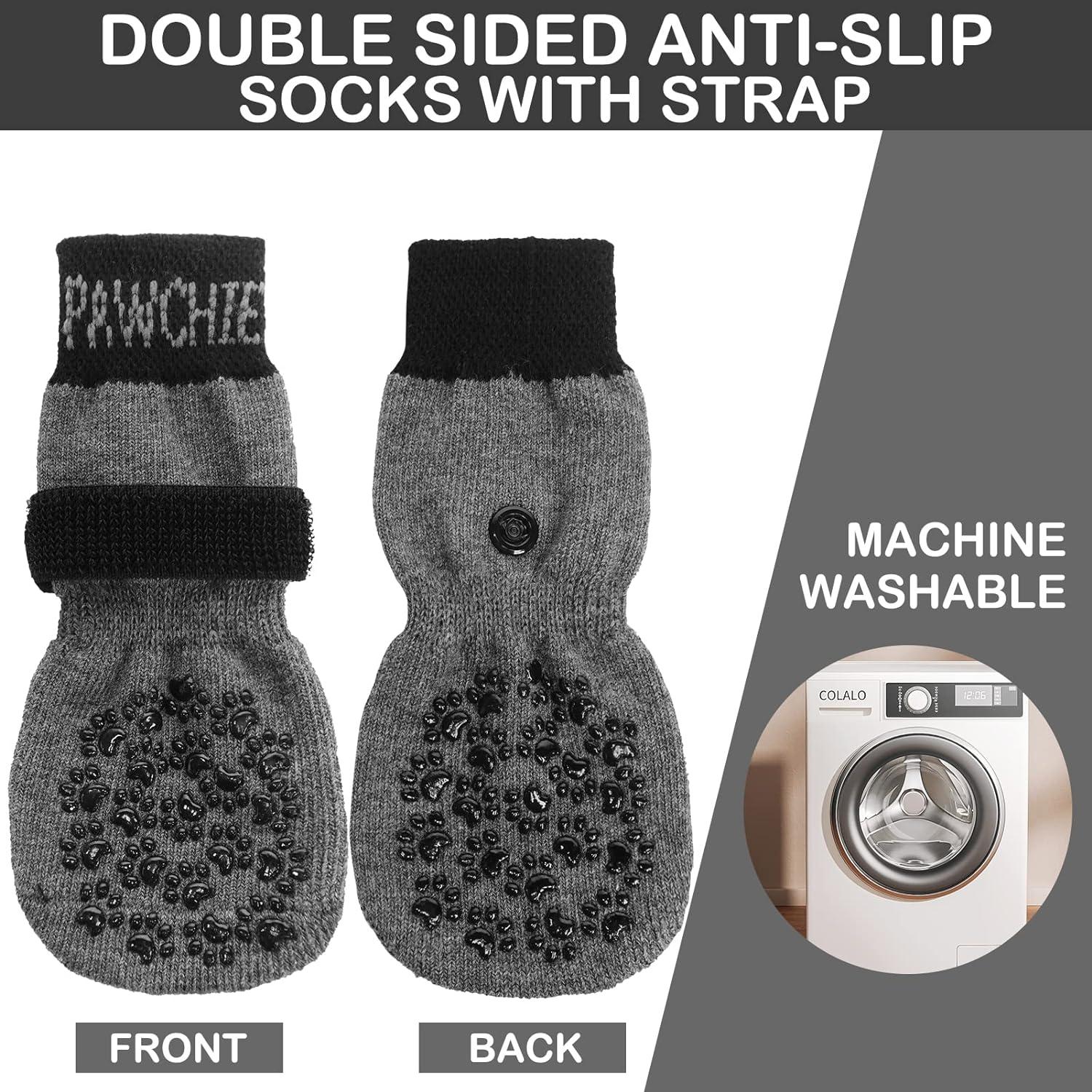 PAWCHIE Anti-Slip Dog Socks for Hardwood Floor with Strap Indoor Non Skid  Knit Paw Protector Traction Control Grey Large (4 Count)