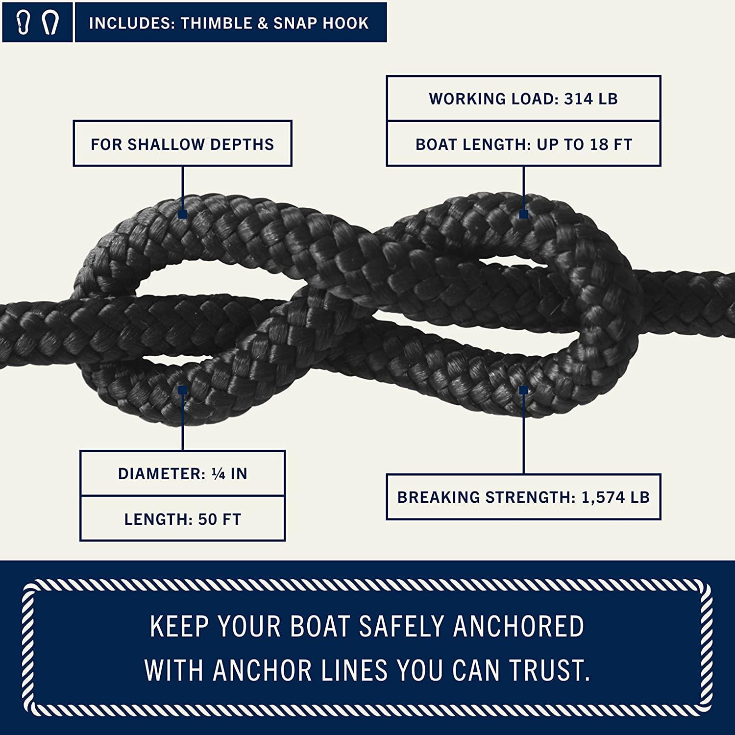 Rainier Supply Co. Boat Anchor Line - 50 ft x 1/4 inch Anchor Rope - Double  Braided Nylon Anchor Boat Rope with 316SS Thimble and Heavy Duty Marine  Grade Snap Hook 