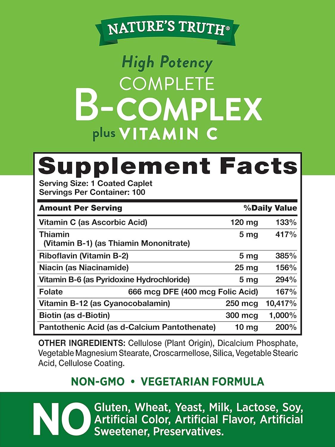 Natures Truth B Complex Plus Vitamin C Vitamin Supplement 100 Caplets