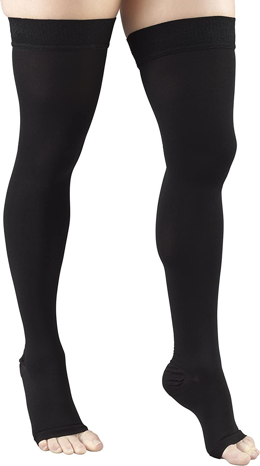Truform 20-30 mmHg Compression Stockings for Men and Women Thigh High Length  Dot-Top Open Toe Black Medium Medium Black