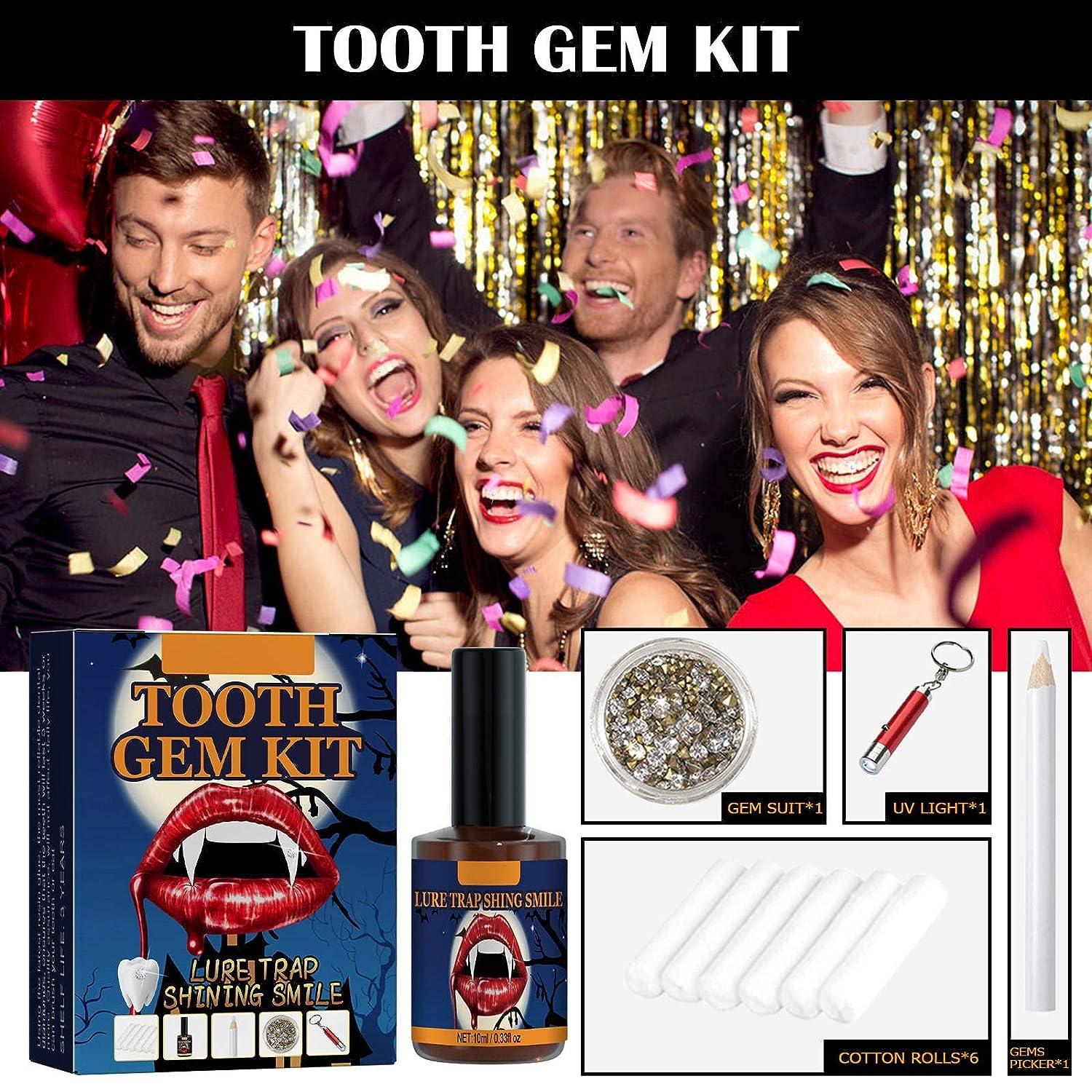 Halloween Teeth Gem Kit DIY Teeth Gem Kit With Curing Light And Glue 20  Pieces For Reflective Teeth Decoration Shiny Crystal Diamonds Holiday Party  Teeth Gem 20ml Toothbrush (Rose Gold, One Size)