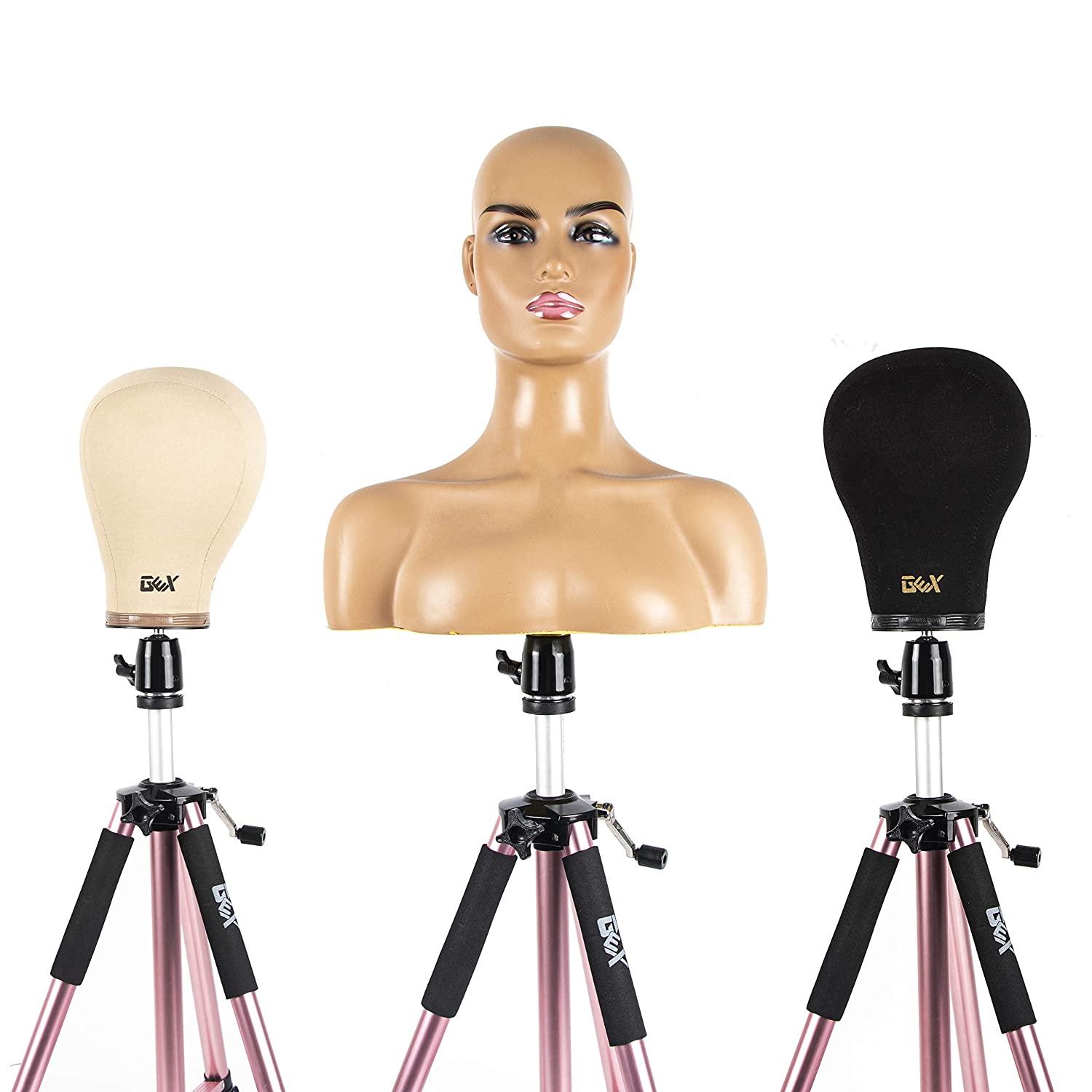 GEX 20-24 Canvas Cork Wig Block Mannequin Head for Wig Making Drying  Styling Display with Table C Clamp Stand Holder (Black 22)