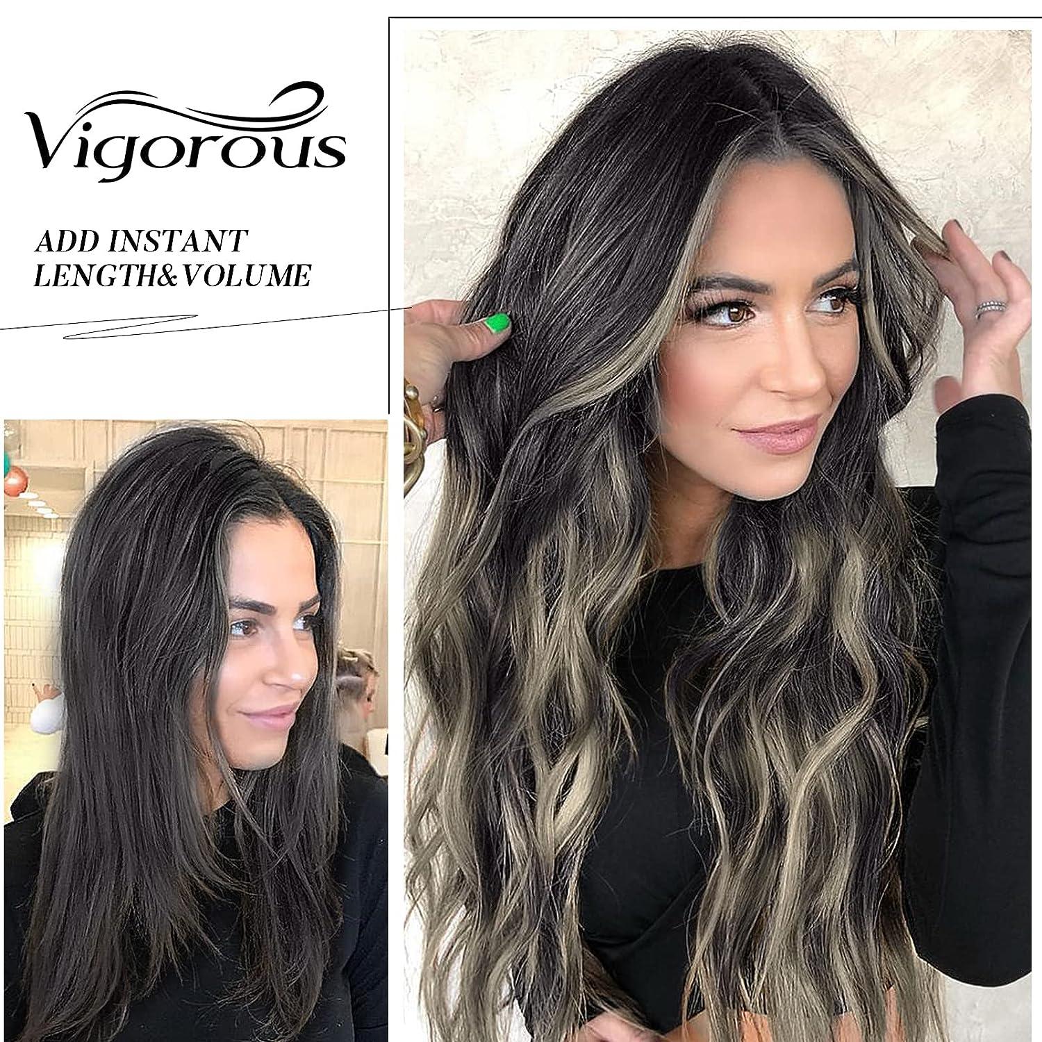 Vigorous Wavy Hair Extension Black Mix Blonde Long Clip in Hair Extensions  Soft Synthetic Hairpieces for Women