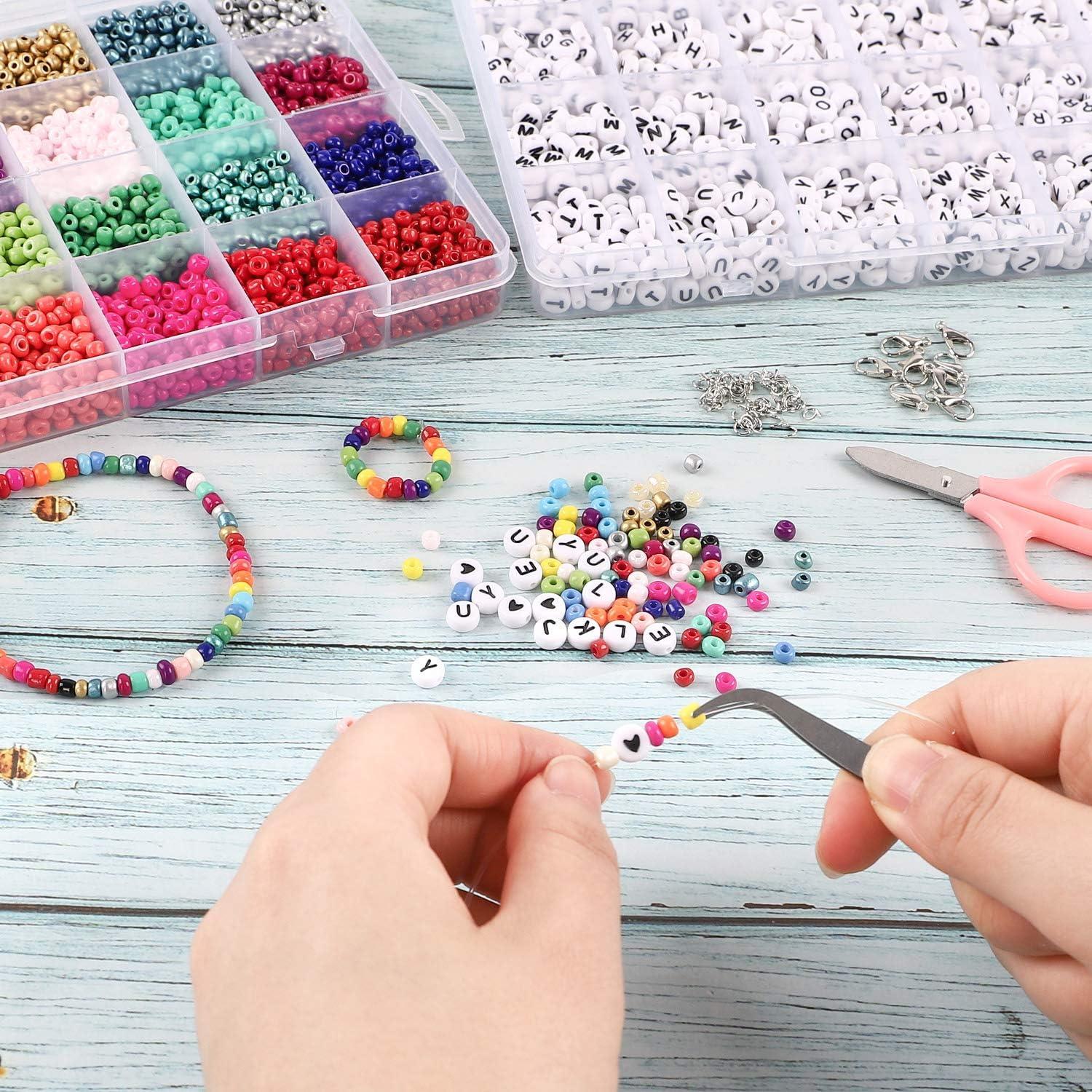 OUTUXED 7200pcs 4mm Glass Seed Beads for Bracelets Making Kit 300pcs  Alphabet Letter Beads for Jewelry Making and Crafts with Elastic String  Cords, Tweezers and Accessories DIY Material
