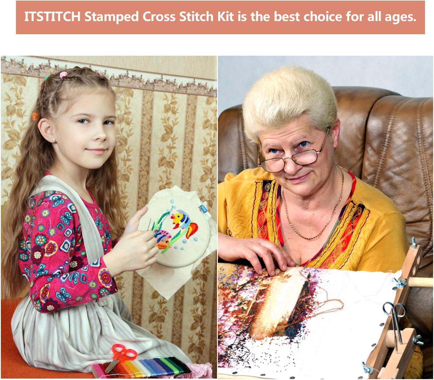 ITSTITCH Stamped Cross Stitch Kits for Beginners Full Range of Cross Stitching Preprinted Pattern for Kids or Adults, DIY Needlepoint