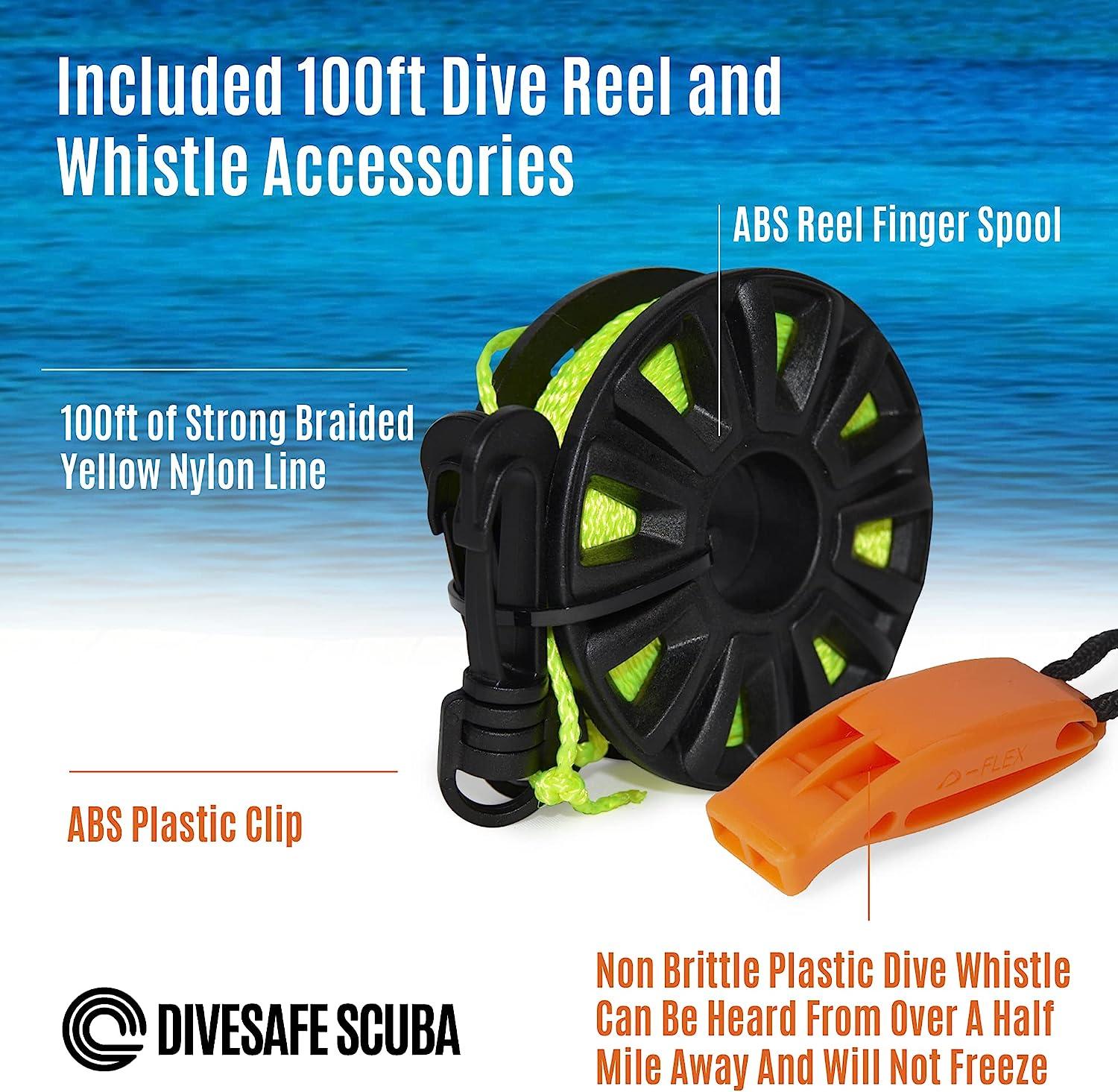 DiveSafe Torpedo Buoy Float for Scuba Diving, Spearfishing, Free Diving,  Snorkeling and Swimming - Includes 11 Clips/Bands for Accessories, Dive  Flag, High Visibility Reflective Band, and 100ft Line
