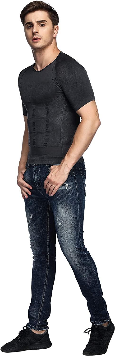 Odoland Men's Body Shaper Slimming Shirt Tummy Vest Thermal Compression  Base Layer Slim Muscle Short Sleeve Shapewear Dark Gray Large