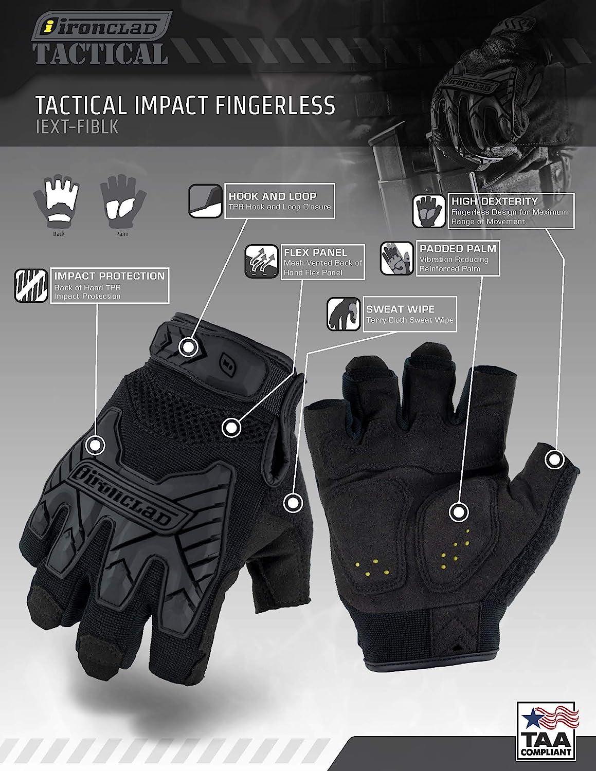 Ironclad Tactical Impact Fingerless Gloves, TAA Compliant, Best for Military,  Law Enforcement, Airsoft, Paintball, Machine Washable, Sized S, M, L, XL,  XXL (1 Pair), Black, Small (IEXT-FIBLK-02-S)