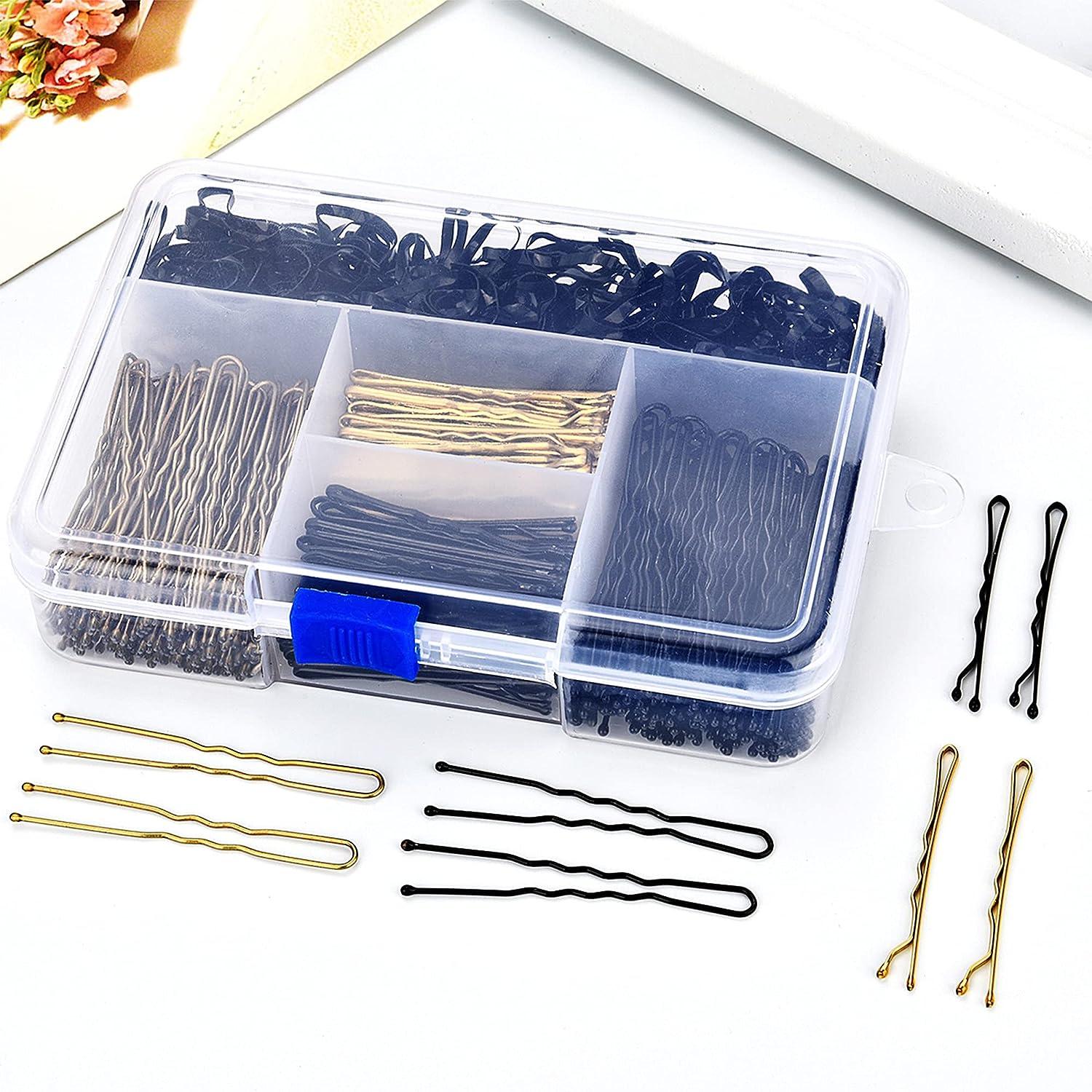 Czemo Pack of 200 Hair Pins 5 cm and 6 cm Bobby Pins and U Hair Pins for  Girls and Women and 120 Pieces Rubber Hair Scrunchies with Storage Box  (Gold