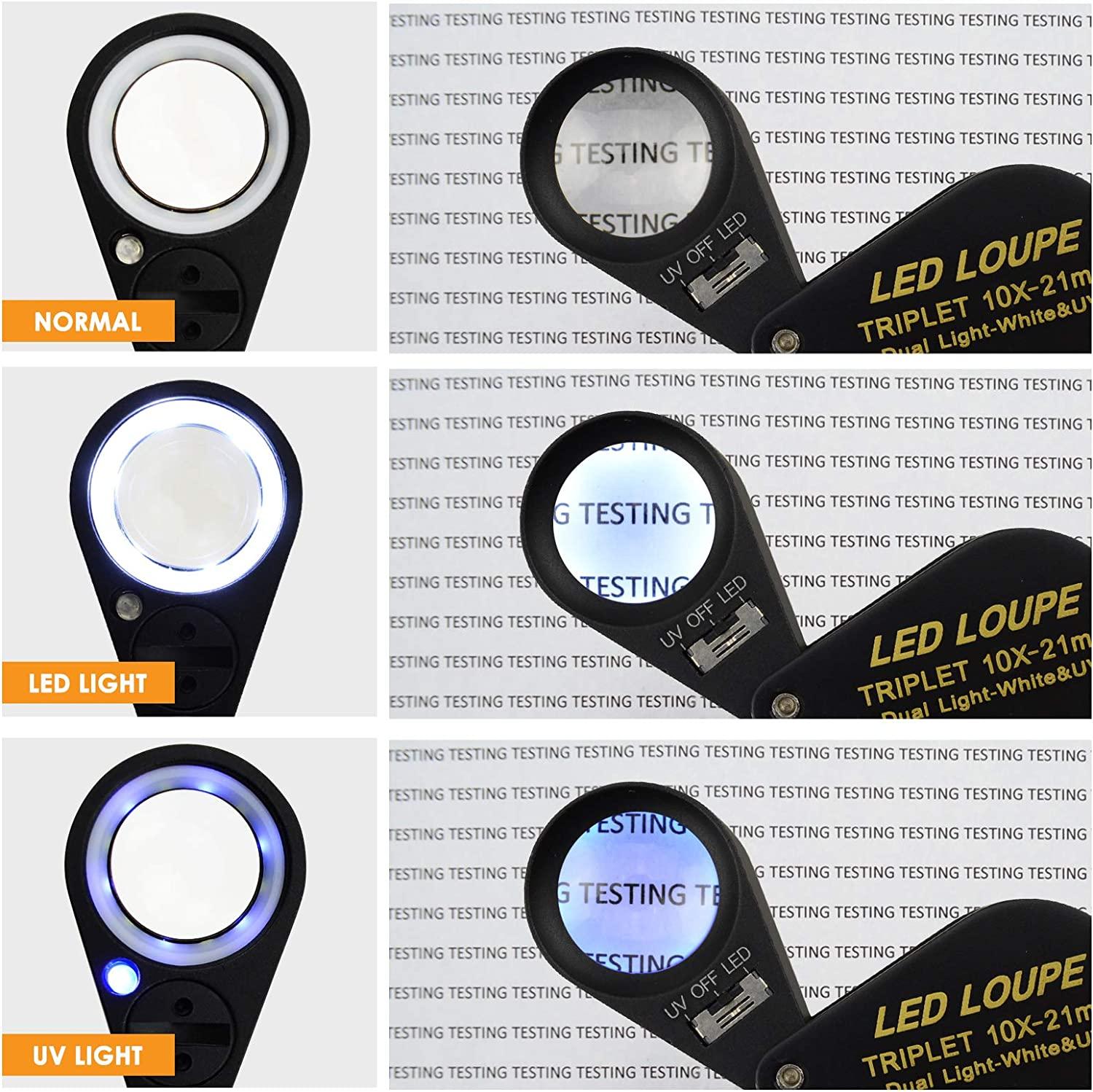 10x 21mm Loupe Jeweler Magnifier LED UV Light Triplet Lens Magnifying Gem Optical Tool Achromatic Aplanatic Foldaway Pocket Black Frame for Inspectin
