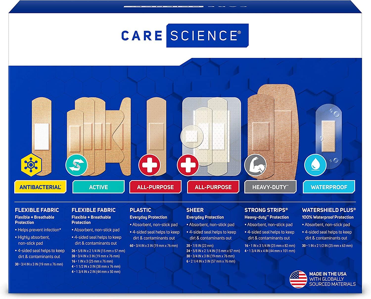 Care Science Fabric Adhesive Bandages, 200 ct Bulk Assorted Sizes |  Flexible + Breathable Protection Helps Prevent Infection for First Aid and  Wound